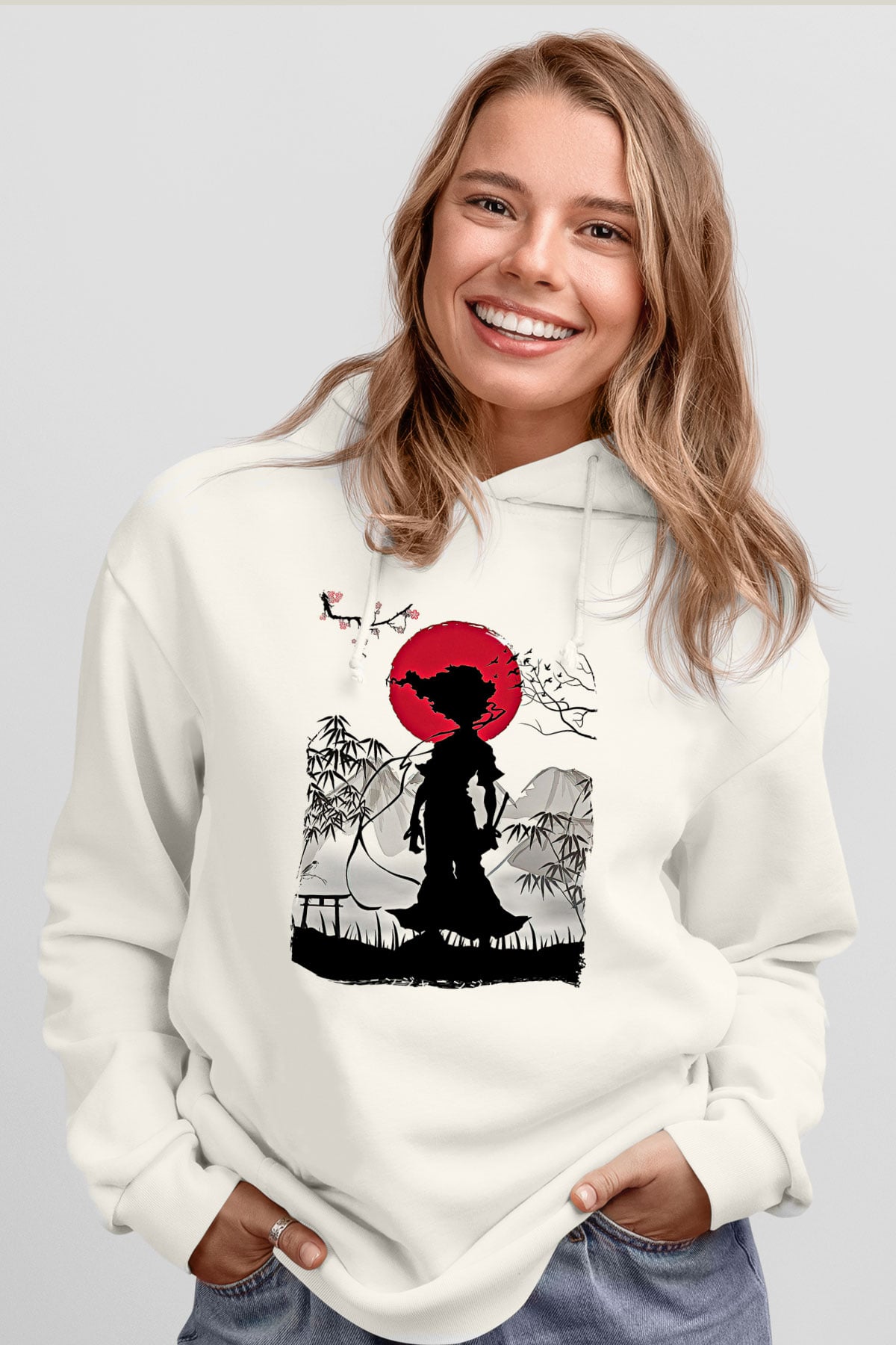 Afro Samurai Baskılı Beyaz Unisex Hoodie