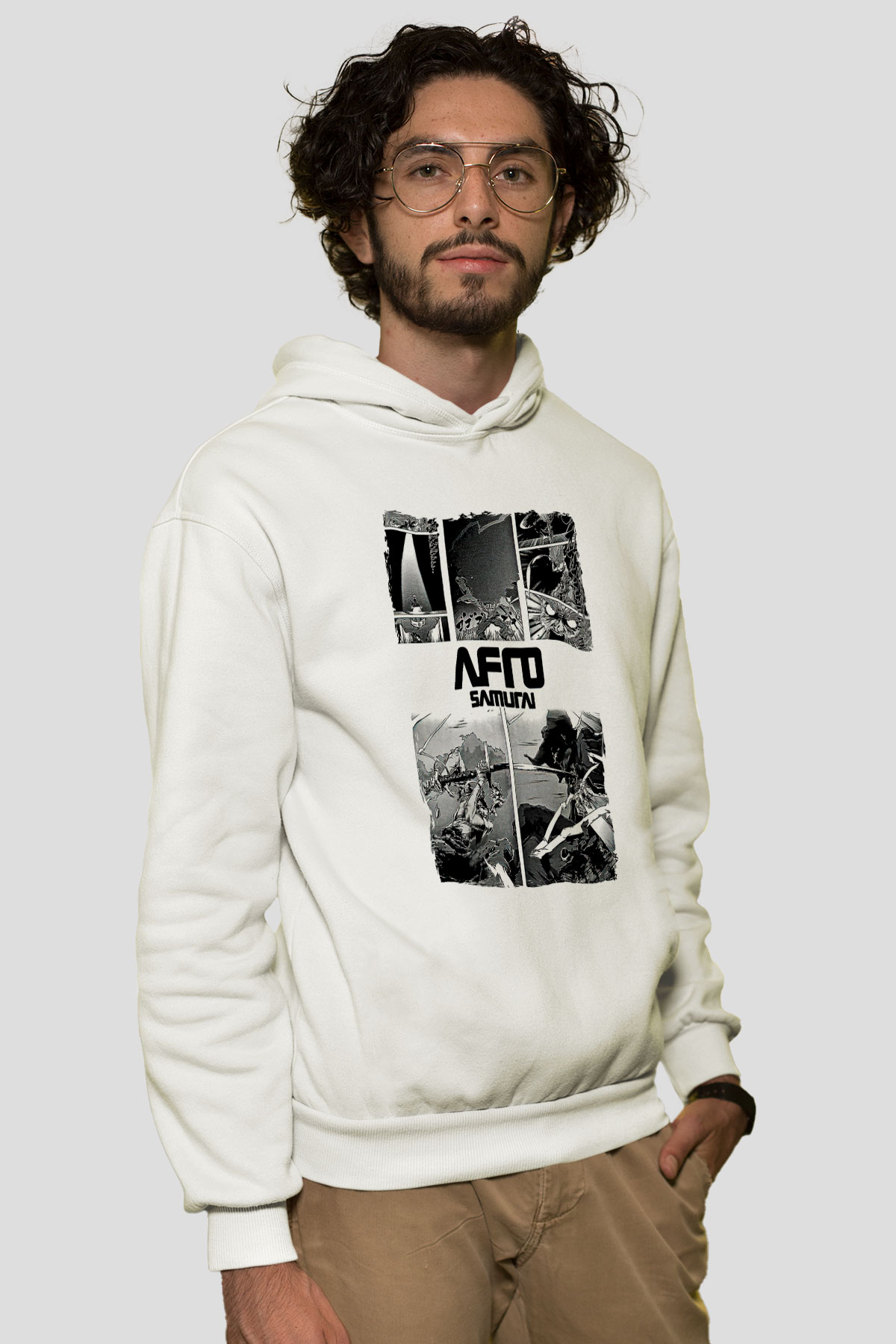 Afro Samurai Baskılı Beyaz Unisex Hoodie