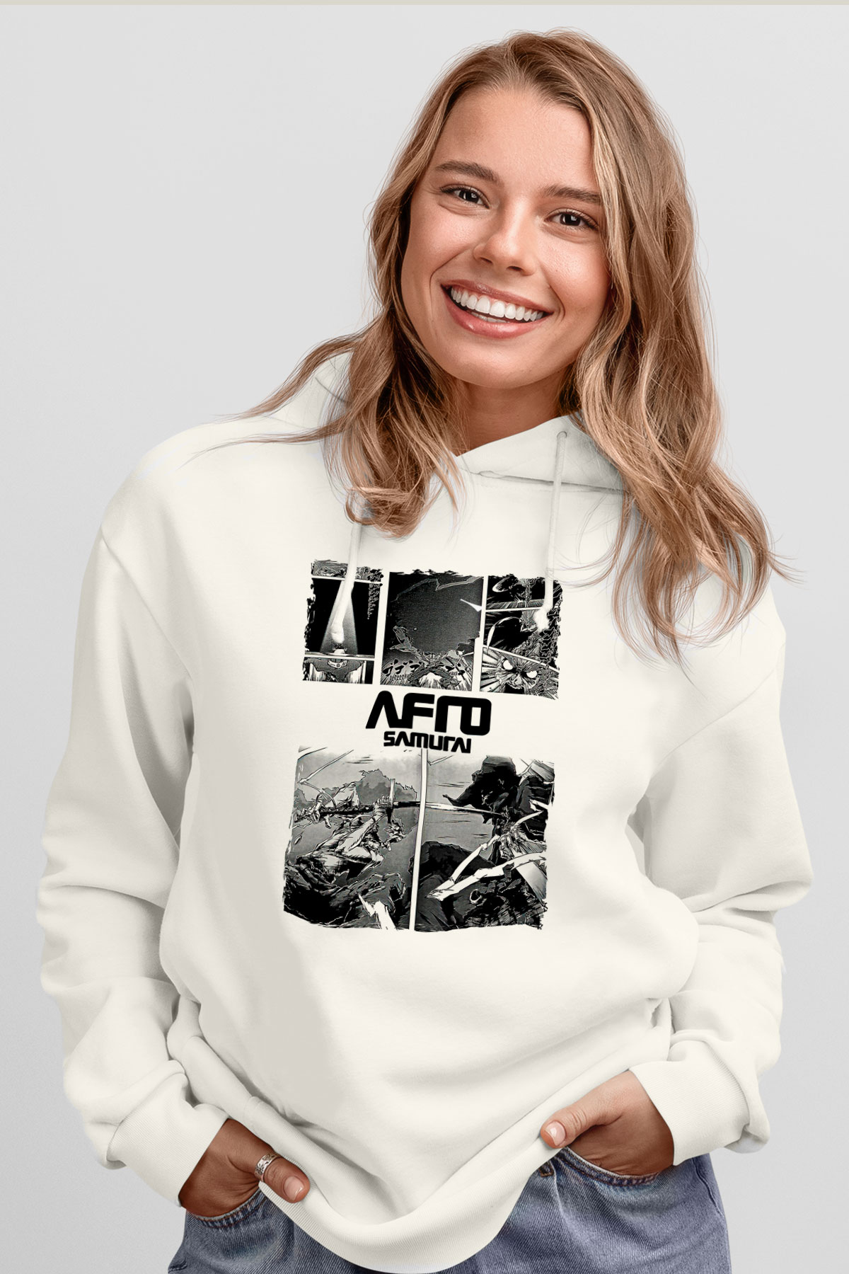 Afro Samurai Baskılı Beyaz Unisex Hoodie