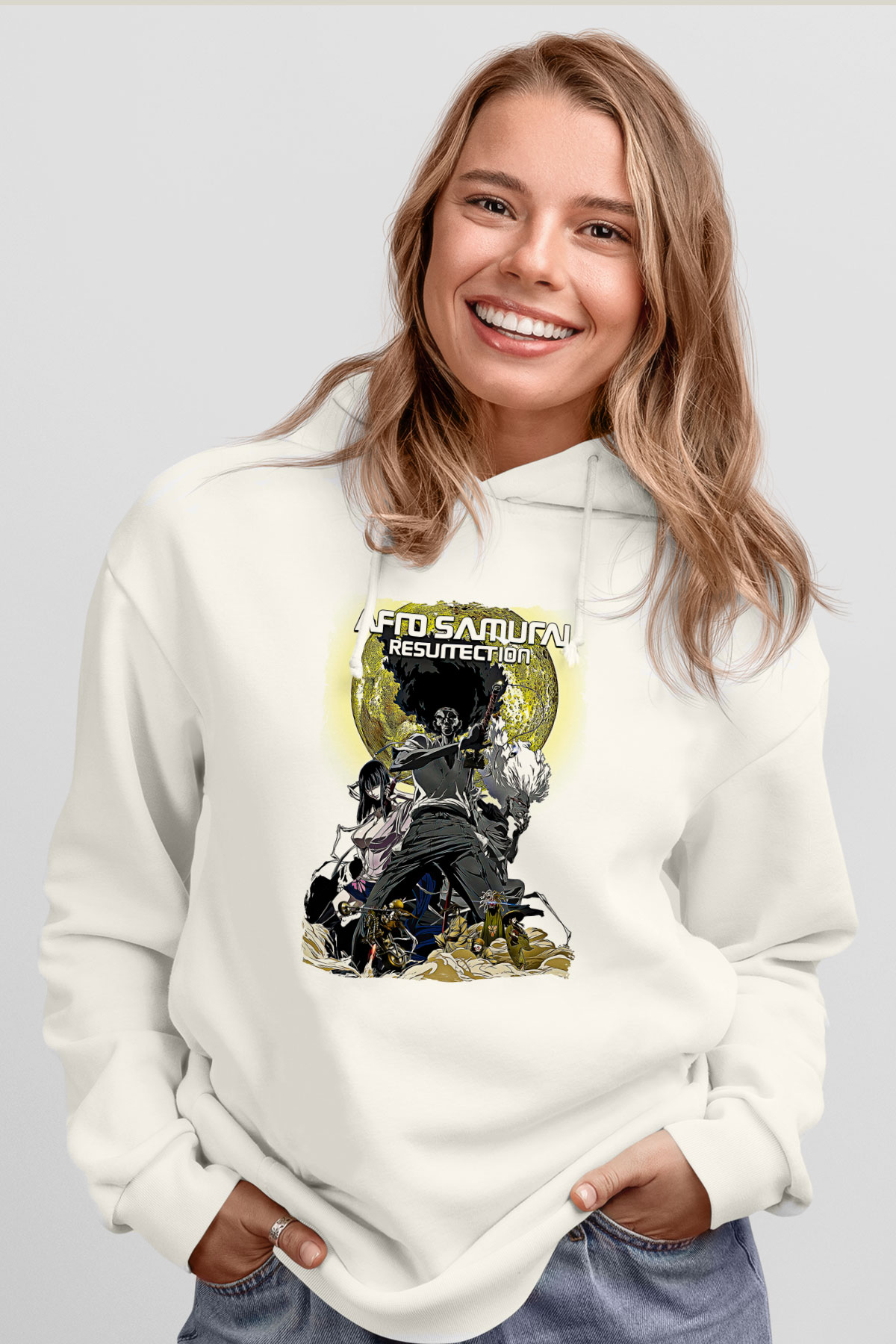 Afro Samurai Baskılı Beyaz Unisex Hoodie