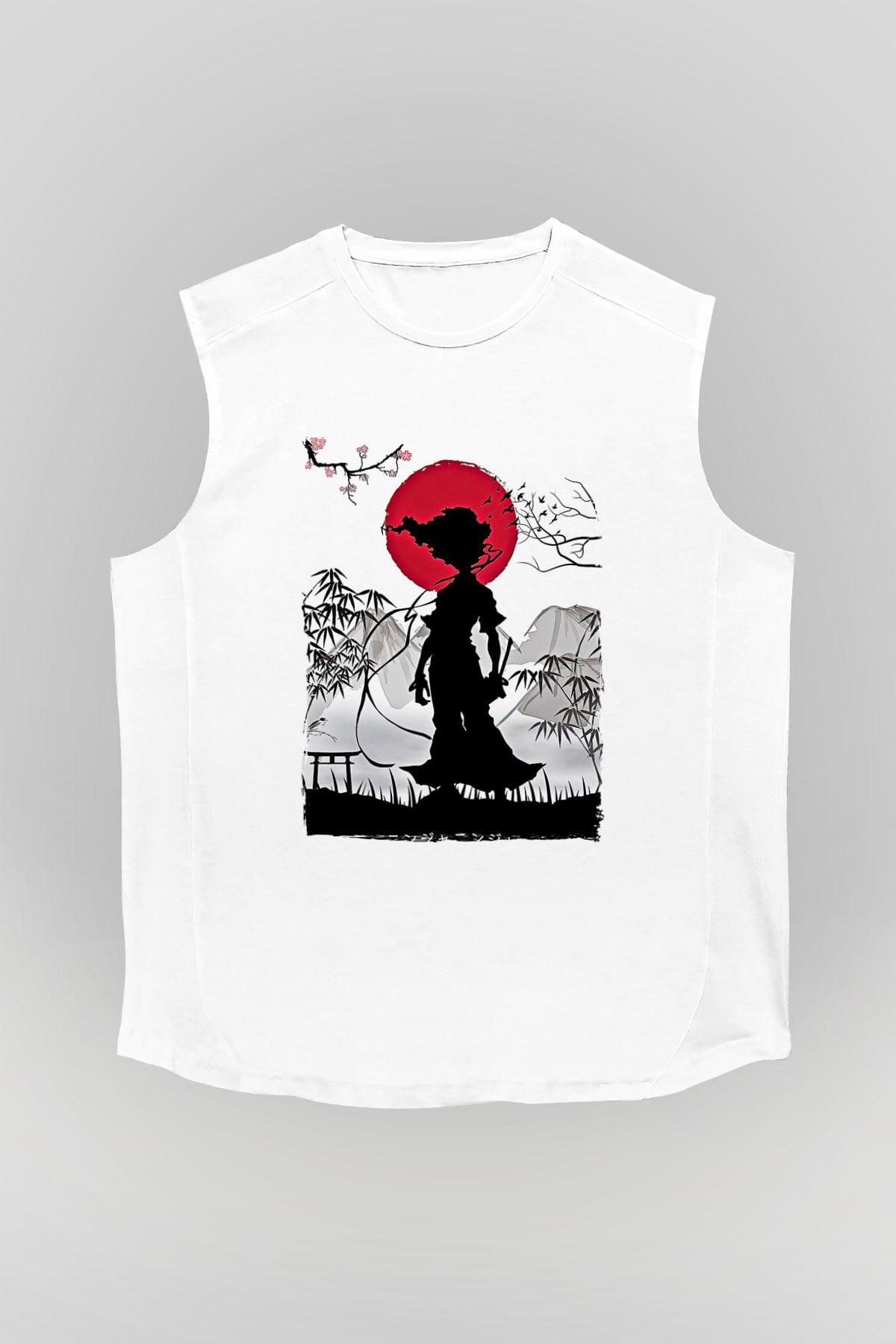 Afro Samurai Baskılı Beyaz Unisex Kolsuz Tişört - Tshirt