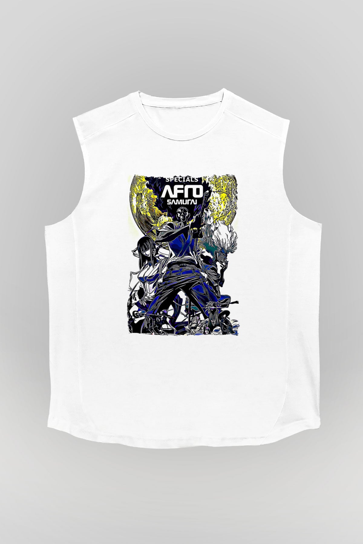 Afro Samurai Baskılı Beyaz Unisex Kolsuz Tişört - Tshirt