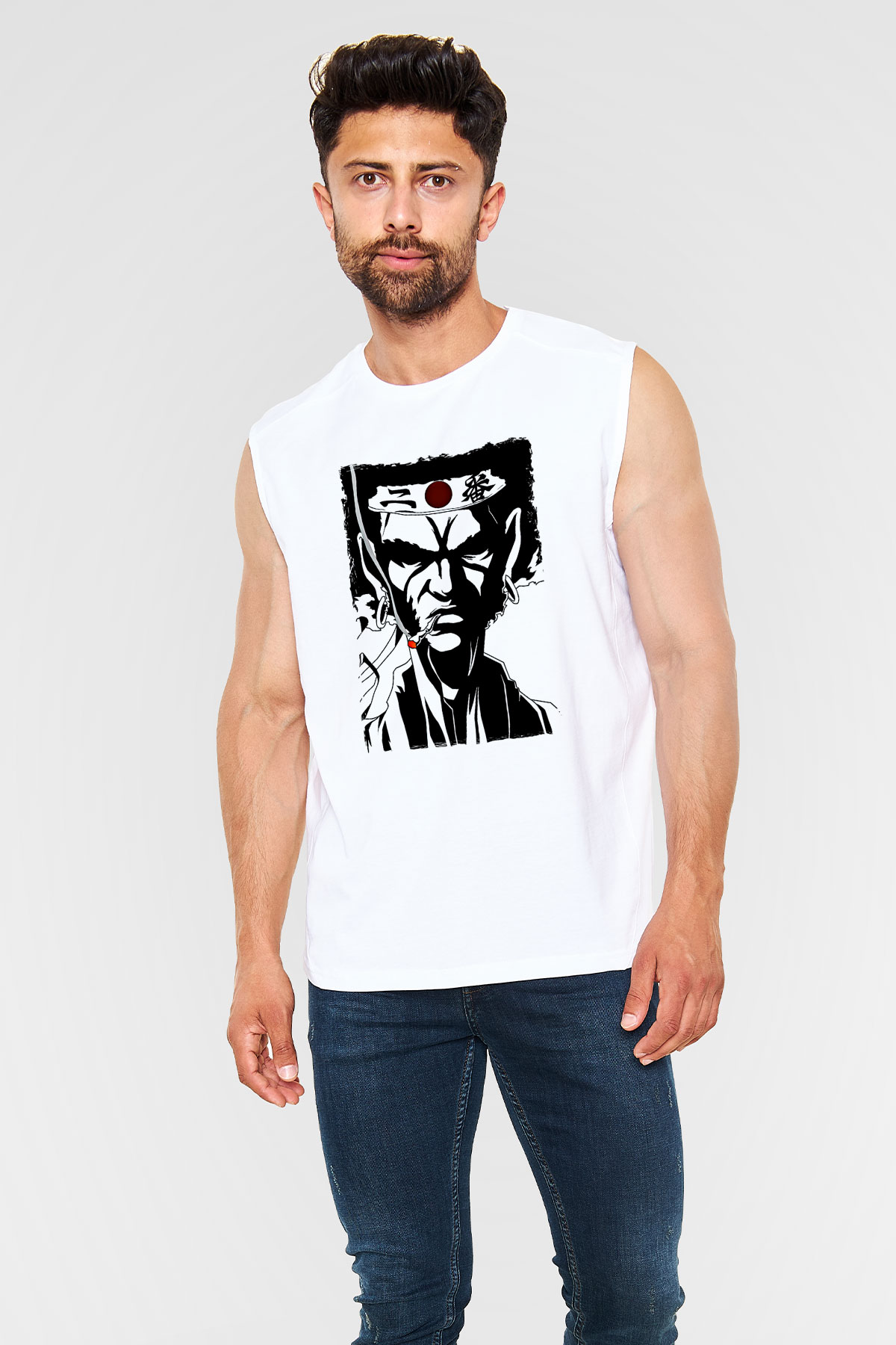 Afro Samurai Baskılı Beyaz Unisex Kolsuz Tişört - Tshirt