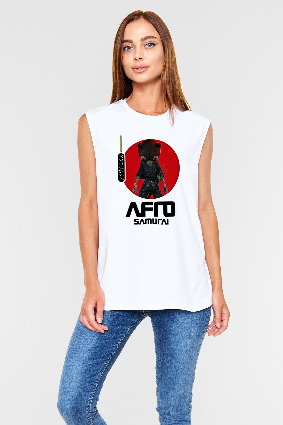 Afro Samurai Baskılı Beyaz Unisex Kolsuz Tişört - Tshirt