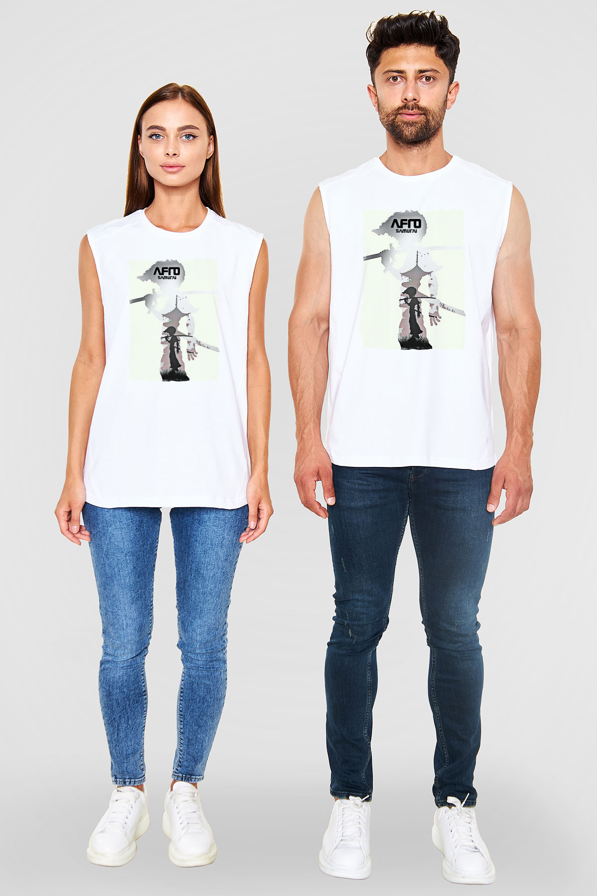 Afro Samurai Baskılı Beyaz Unisex Kolsuz Tişört - Tshirt