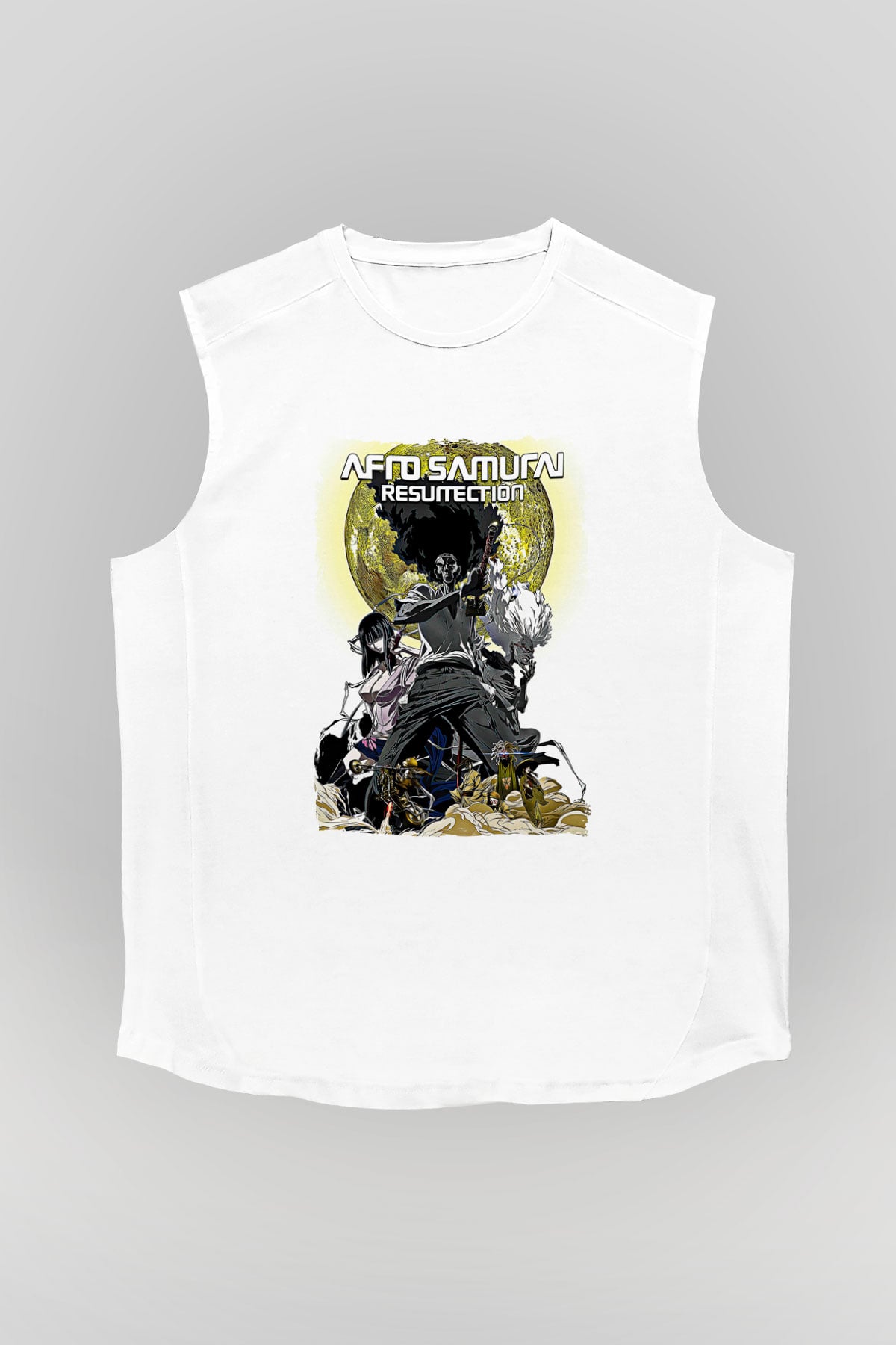 Afro Samurai Baskılı Beyaz Unisex Kolsuz Tişört - Tshirt
