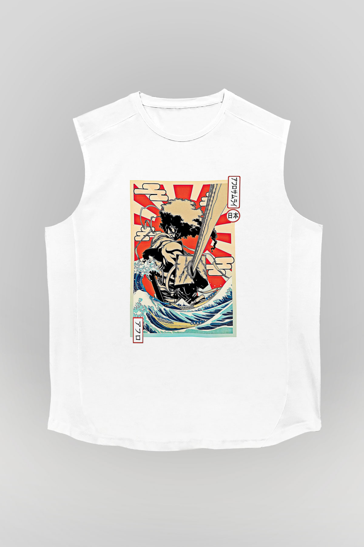 Afro Samurai Baskılı Beyaz Unisex Kolsuz Tişört - Tshirt