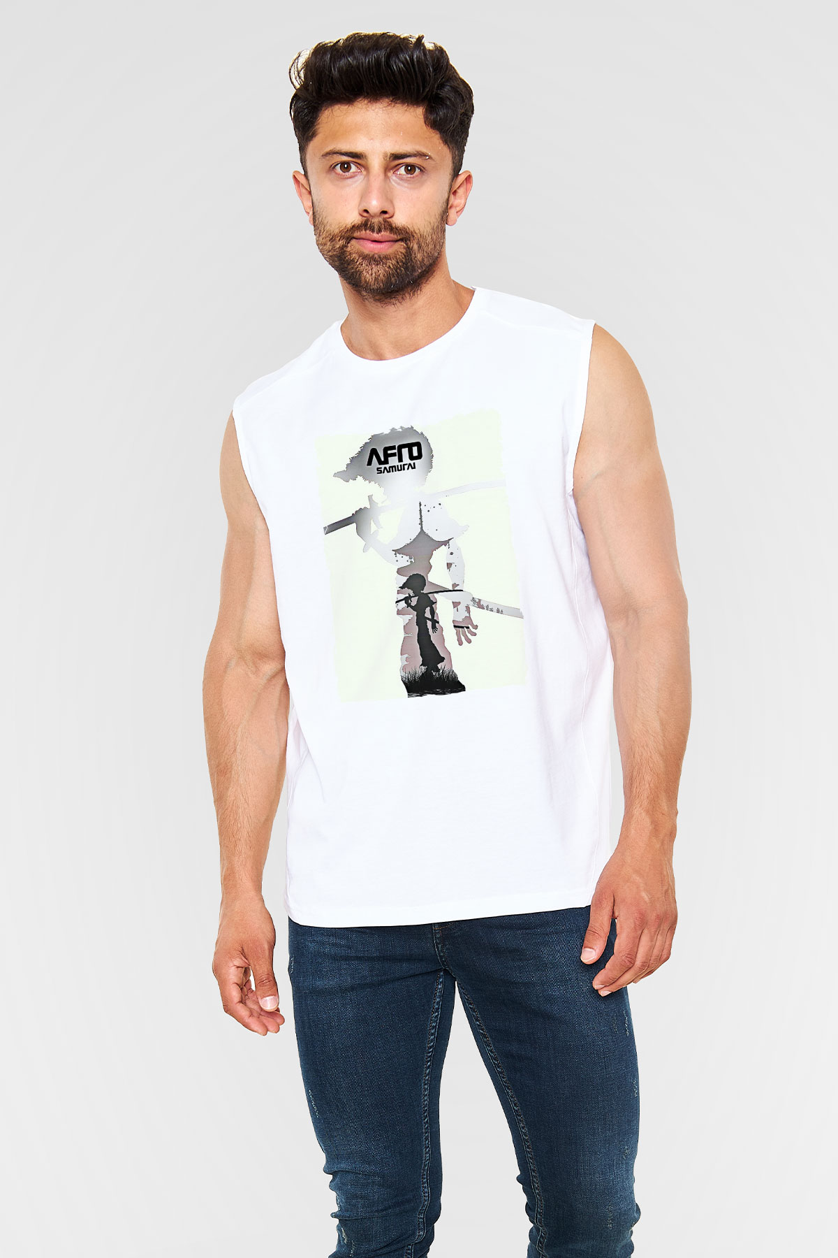 Afro Samurai Baskılı Beyaz Unisex Kolsuz Tişört - Tshirt
