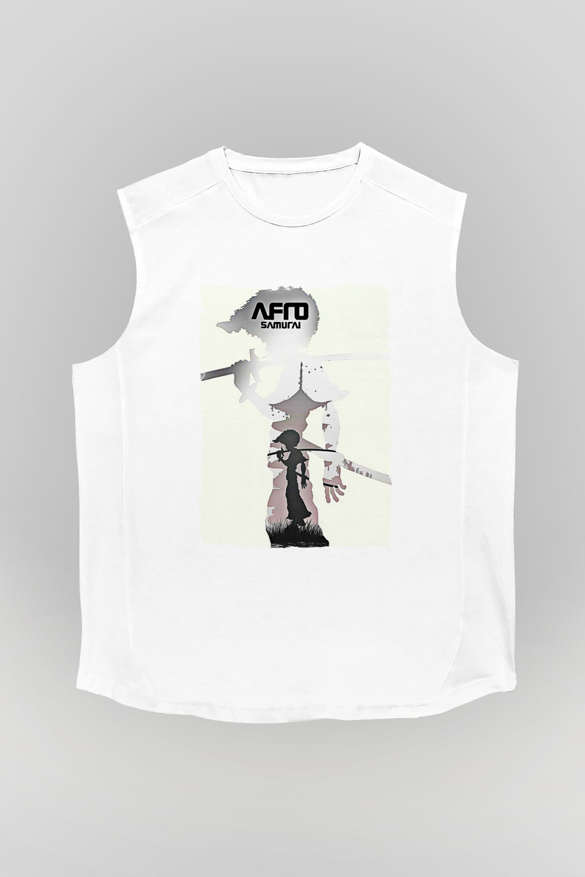 Afro Samurai Baskılı Beyaz Unisex Kolsuz Tişört - Tshirt