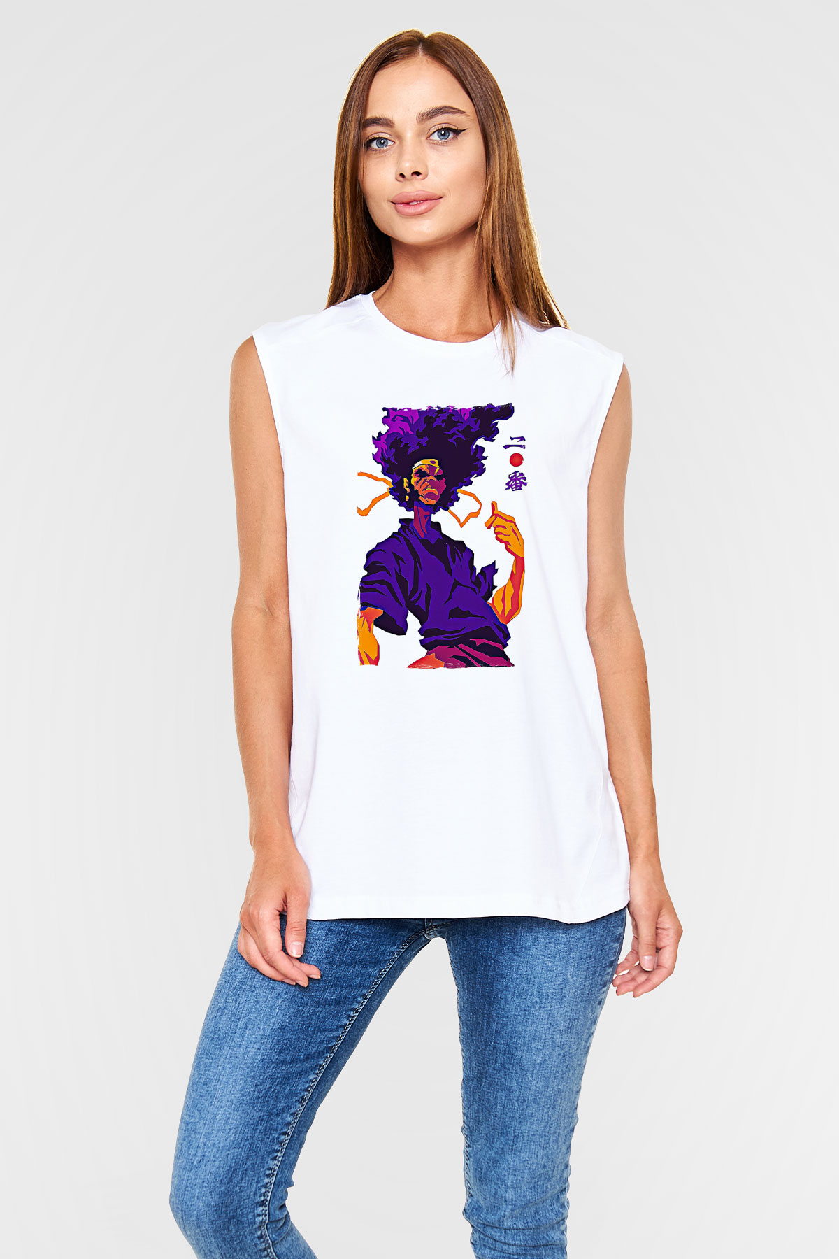 Afro Samurai Baskılı Beyaz Unisex Kolsuz Tişört - Tshirt