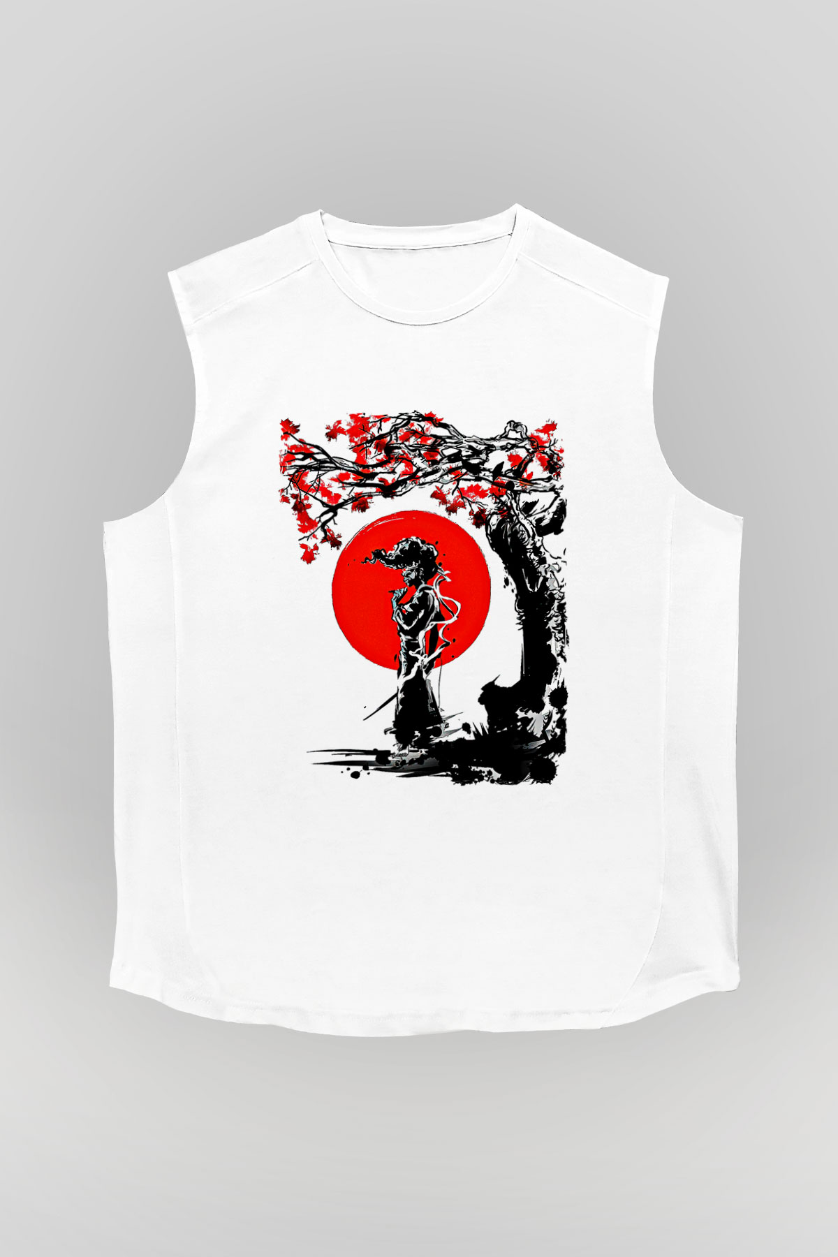 Afro Samurai Baskılı Beyaz Unisex Kolsuz Tişört - Tshirt