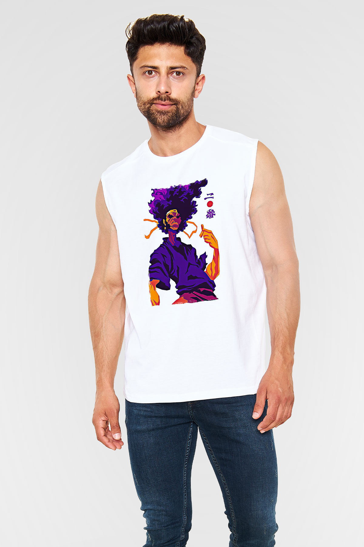Afro Samurai Baskılı Beyaz Unisex Kolsuz Tişört - Tshirt