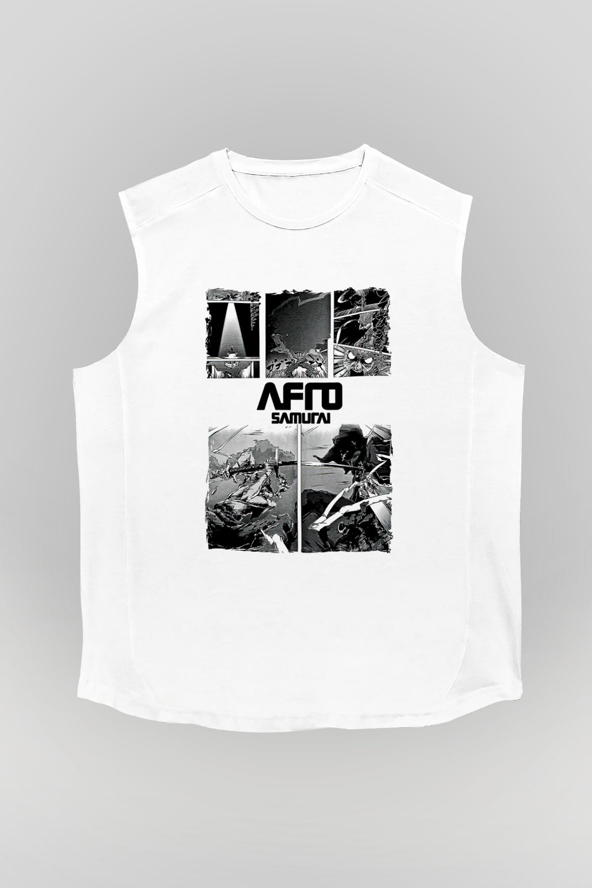 Afro Samurai Baskılı Beyaz Unisex Kolsuz Tişört - Tshirt
