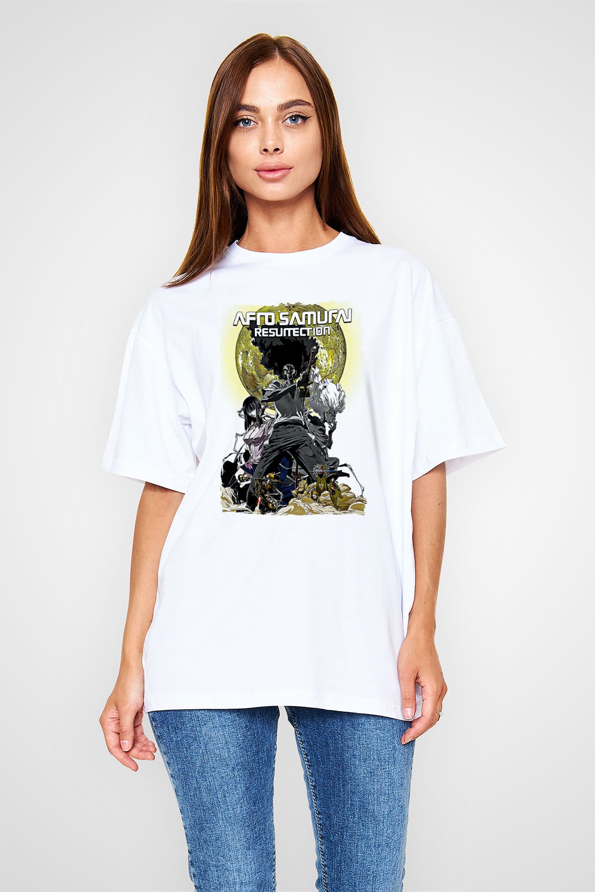 Afro Samurai Baskılı Beyaz Unisex Oversize Tişört - Tshirt