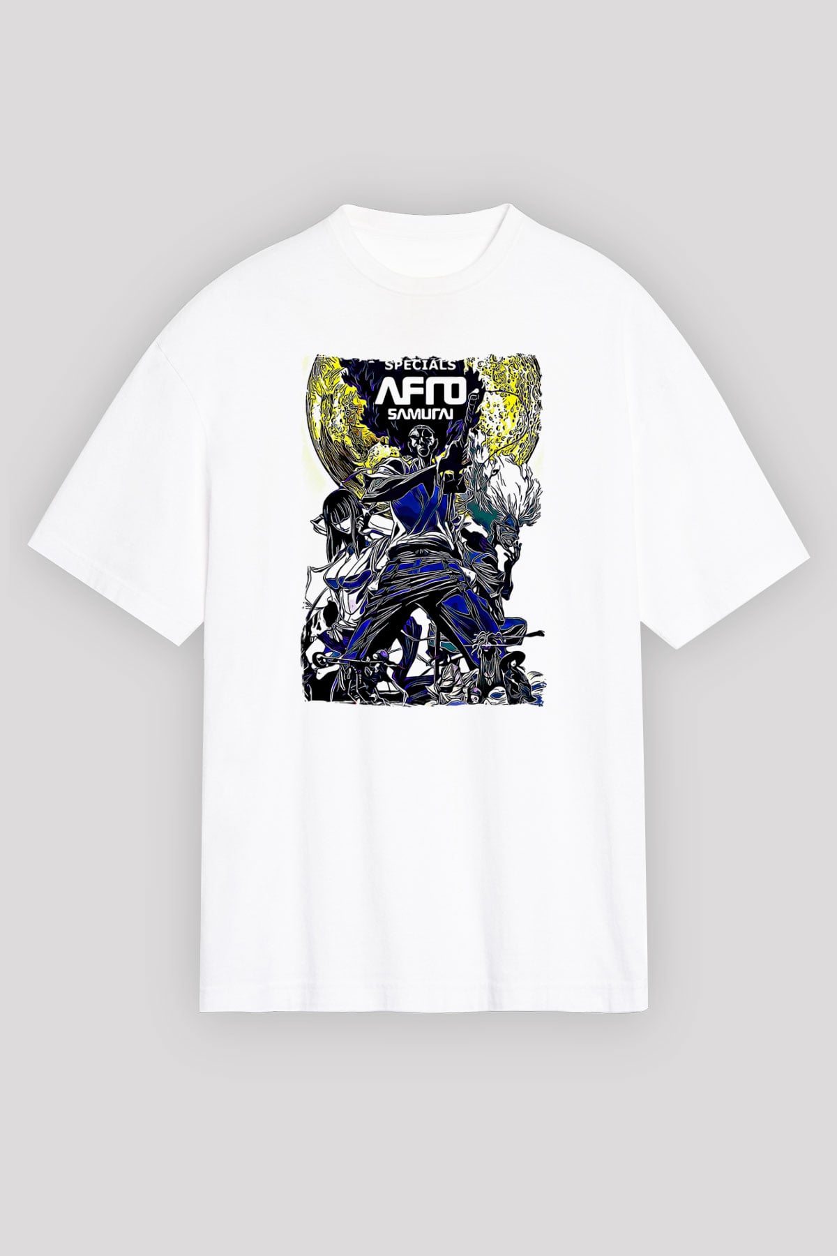Afro Samurai Baskılı Beyaz Unisex Oversize Tişört - Tshirt