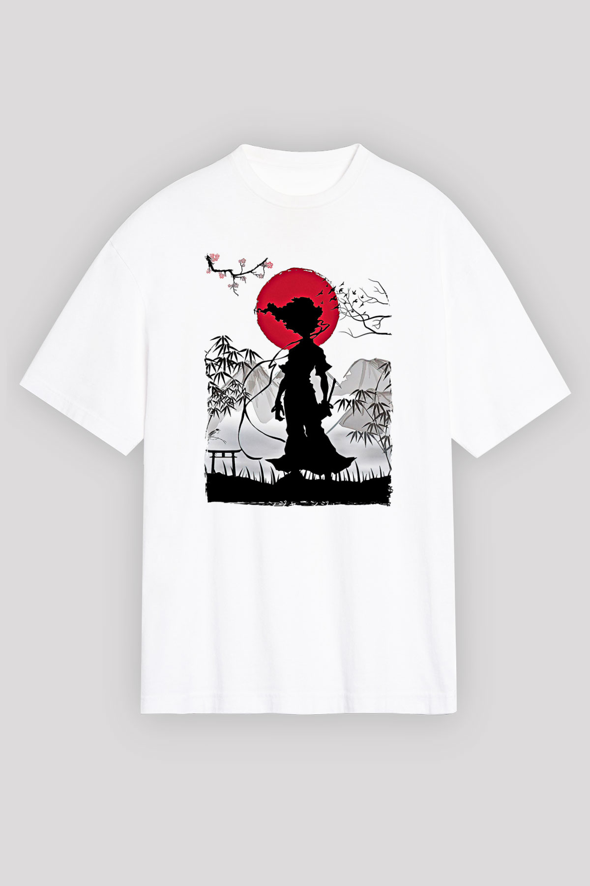 Afro Samurai Baskılı Beyaz Unisex Oversize Tişört - Tshirt