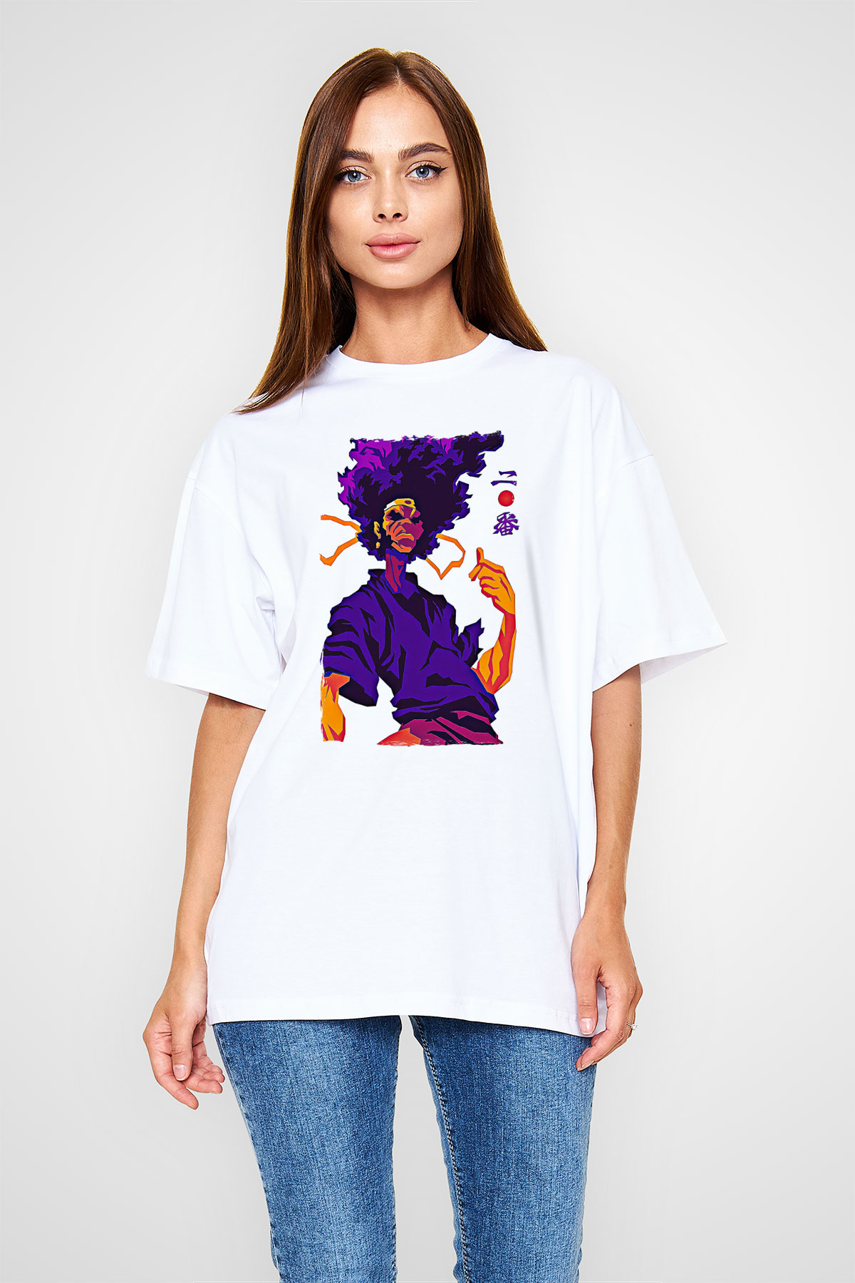 Afro Samurai Baskılı Beyaz Unisex Oversize Tişört - Tshirt