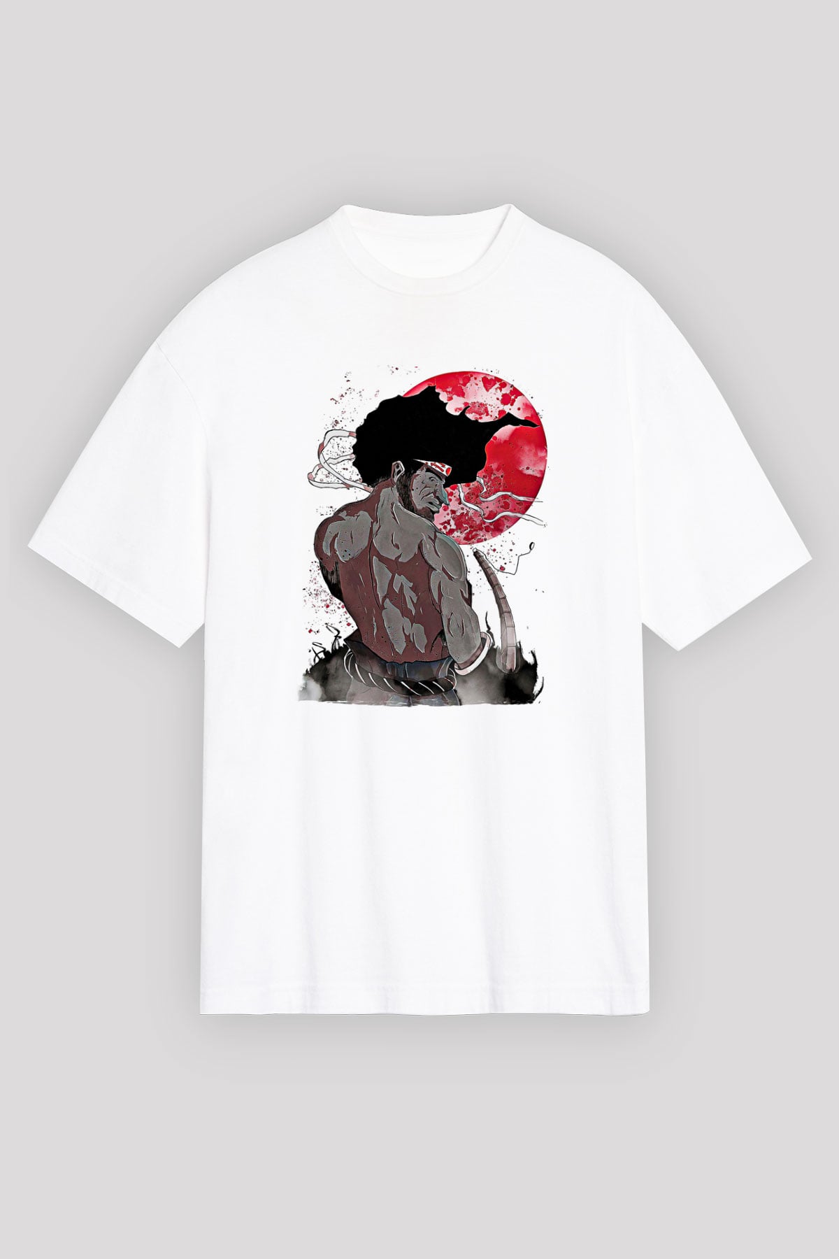 Afro Samurai Baskılı Beyaz Unisex Oversize Tişört - Tshirt