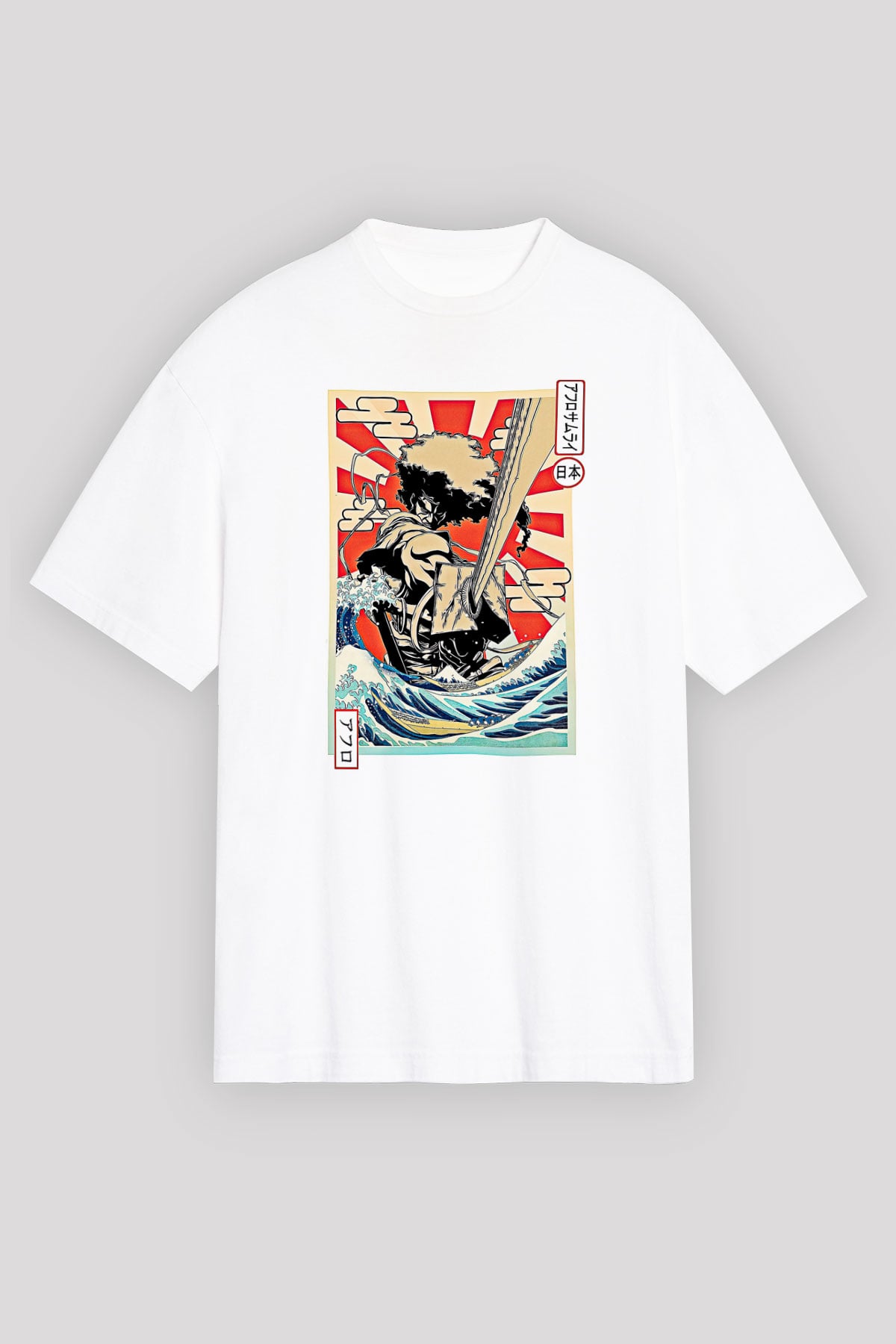 Afro Samurai Baskılı Beyaz Unisex Oversize Tişört - Tshirt