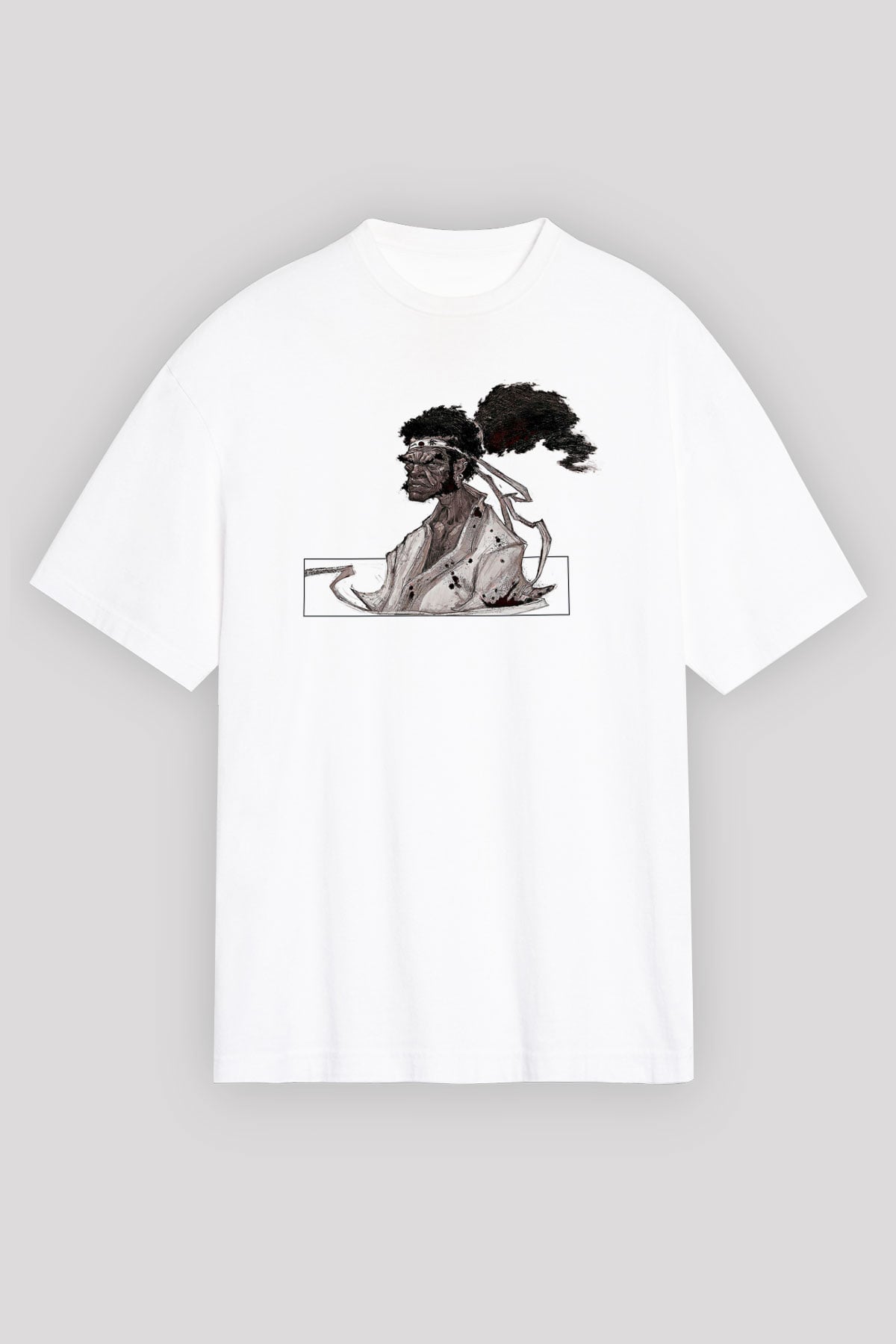 Afro Samurai Baskılı Beyaz Unisex Oversize Tişört - Tshirt
