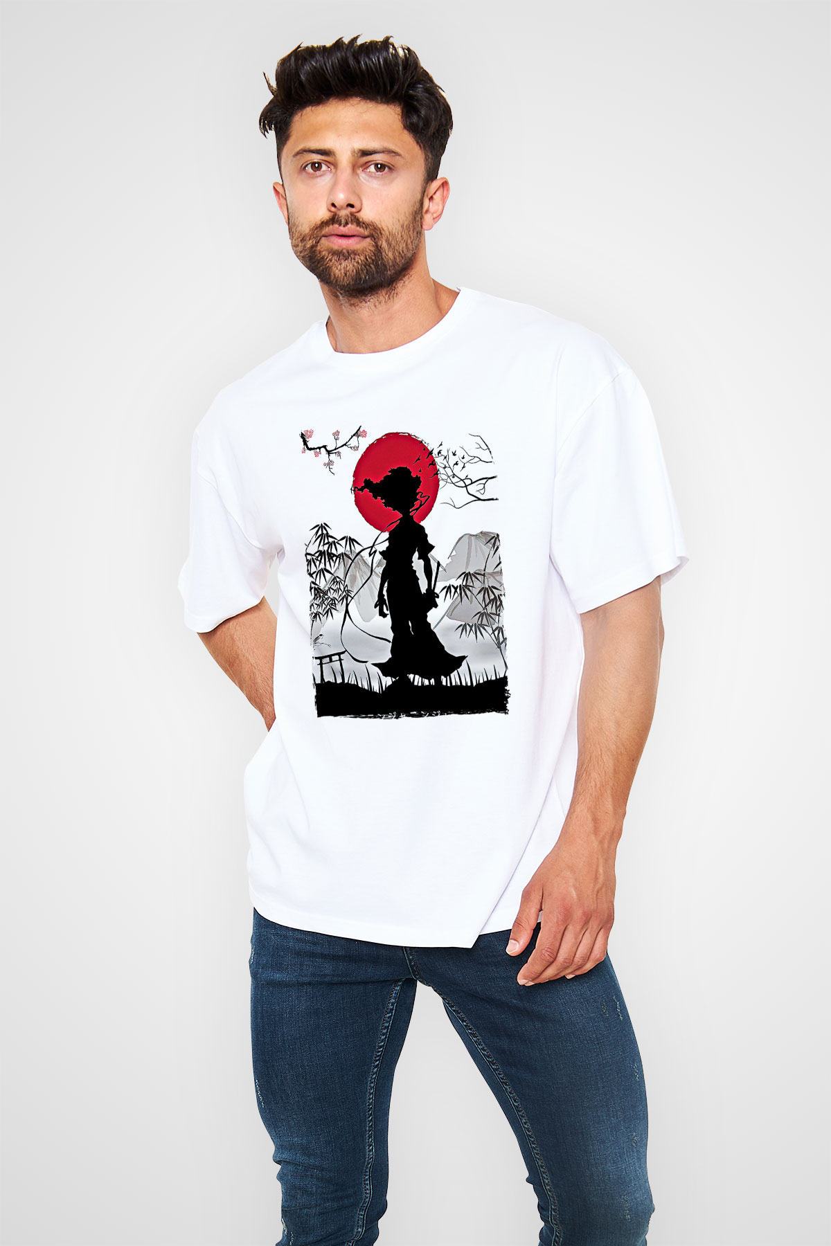 Afro Samurai Baskılı Beyaz Unisex Oversize Tişört - Tshirt