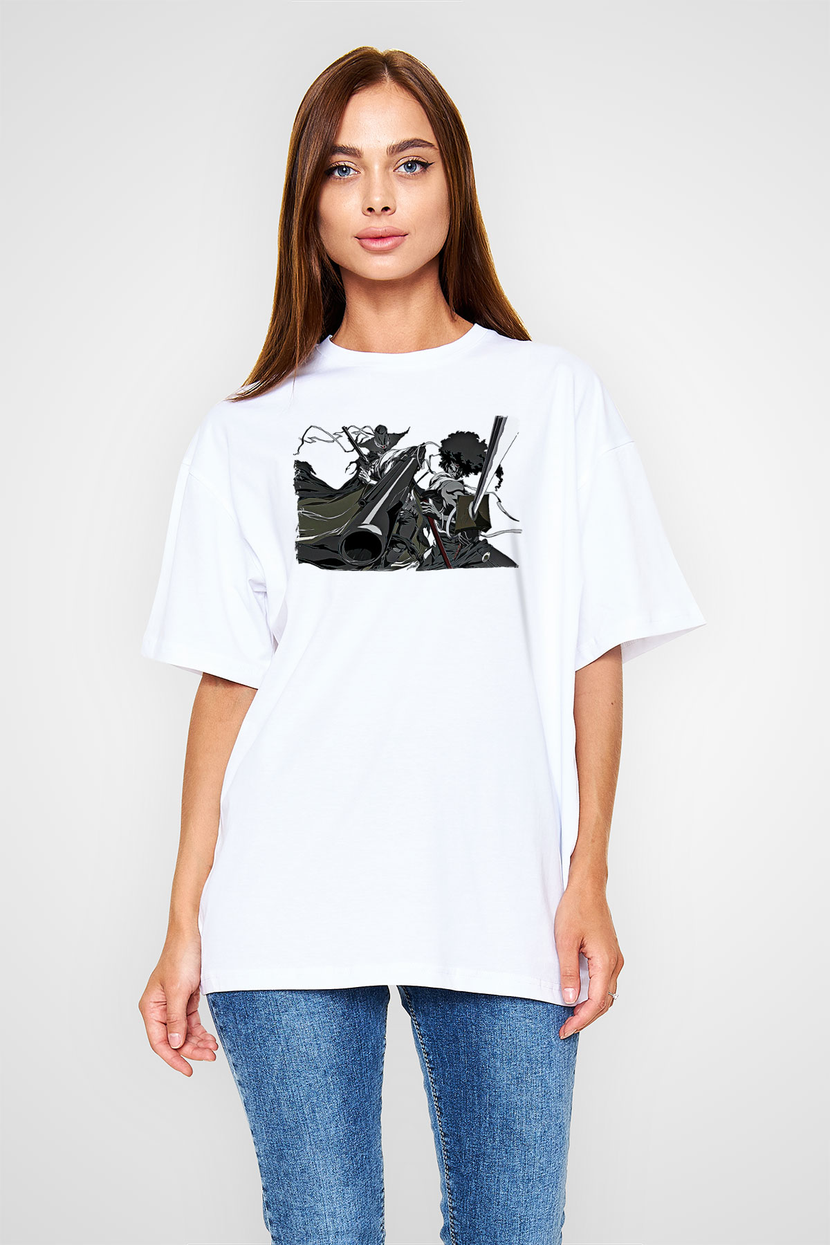 Afro Samurai Baskılı Beyaz Unisex Oversize Tişört - Tshirt