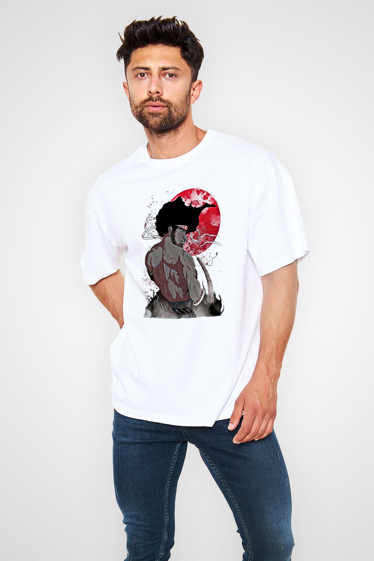 Afro Samurai Baskılı Beyaz Unisex Oversize Tişört - Tshirt