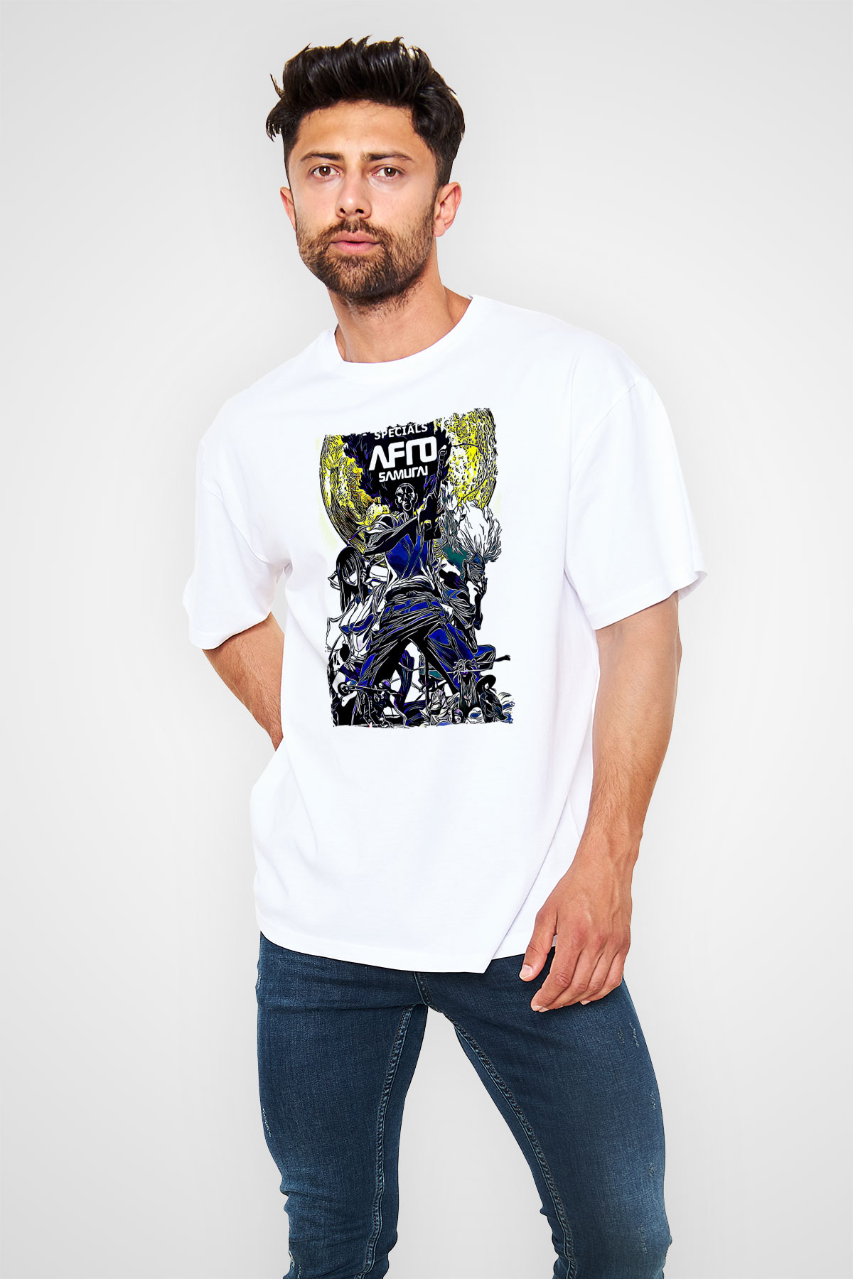 Afro Samurai Baskılı Beyaz Unisex Oversize Tişört - Tshirt