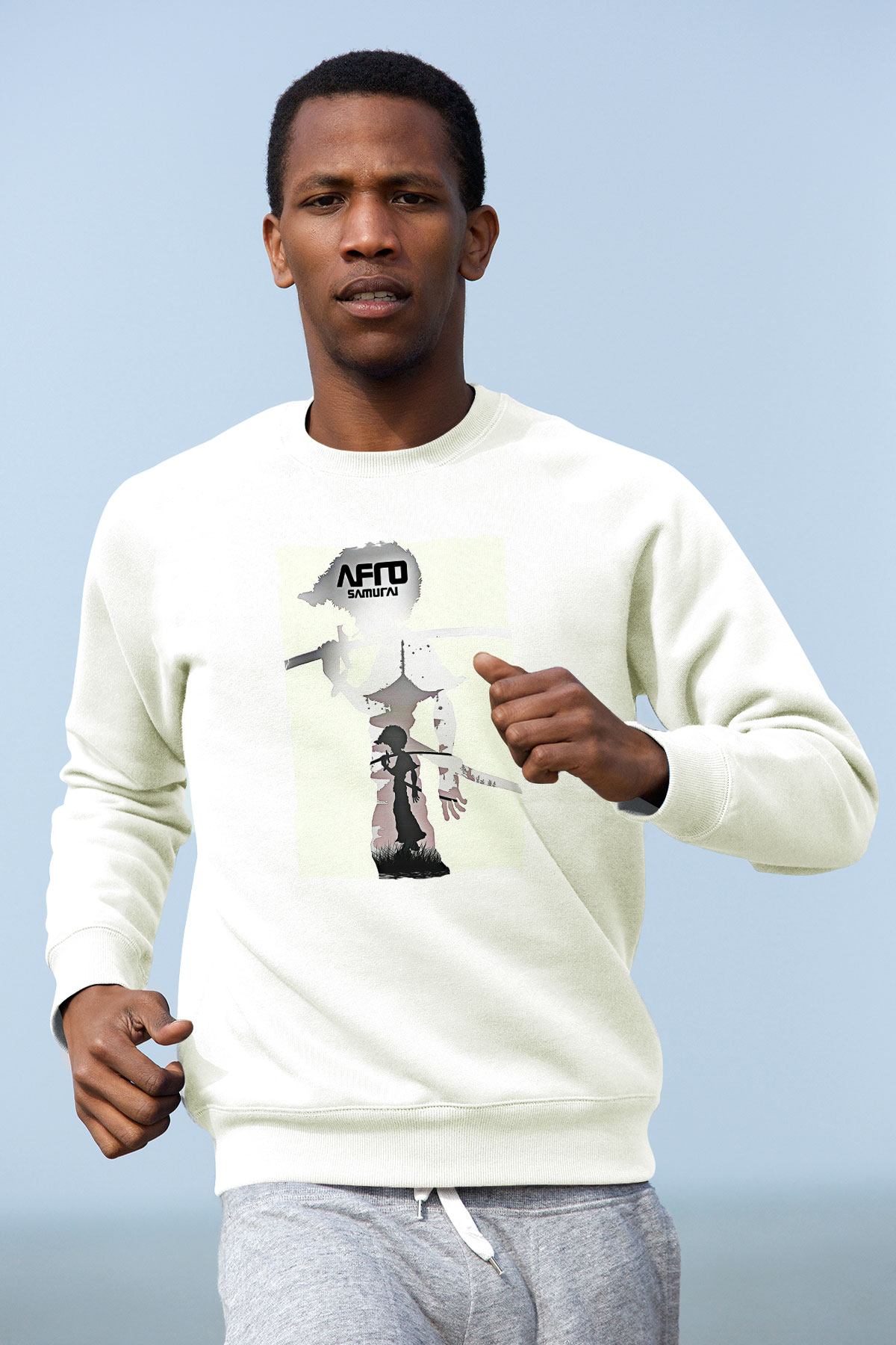 Afro Samurai Baskılı Beyaz Unisex Sweatshirt