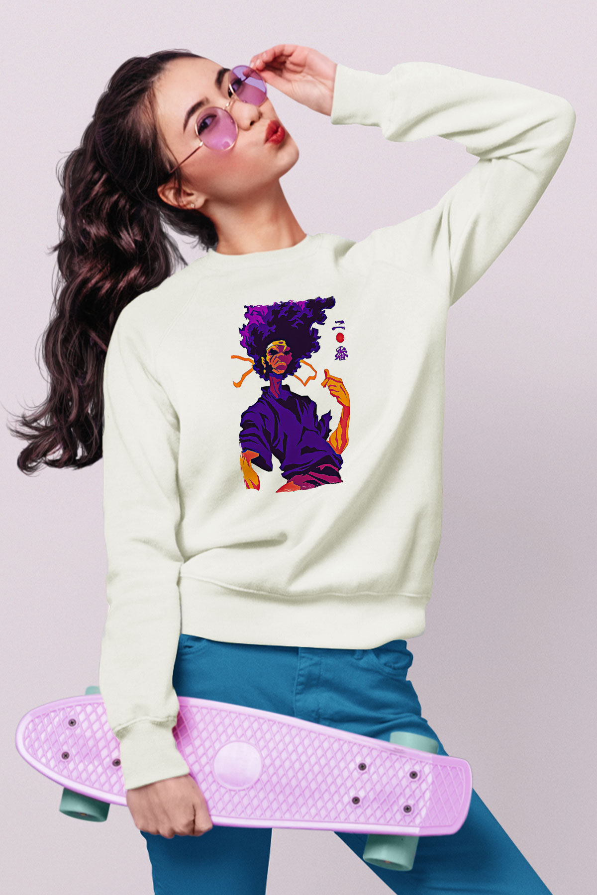Afro Samurai Baskılı Beyaz Unisex Sweatshirt