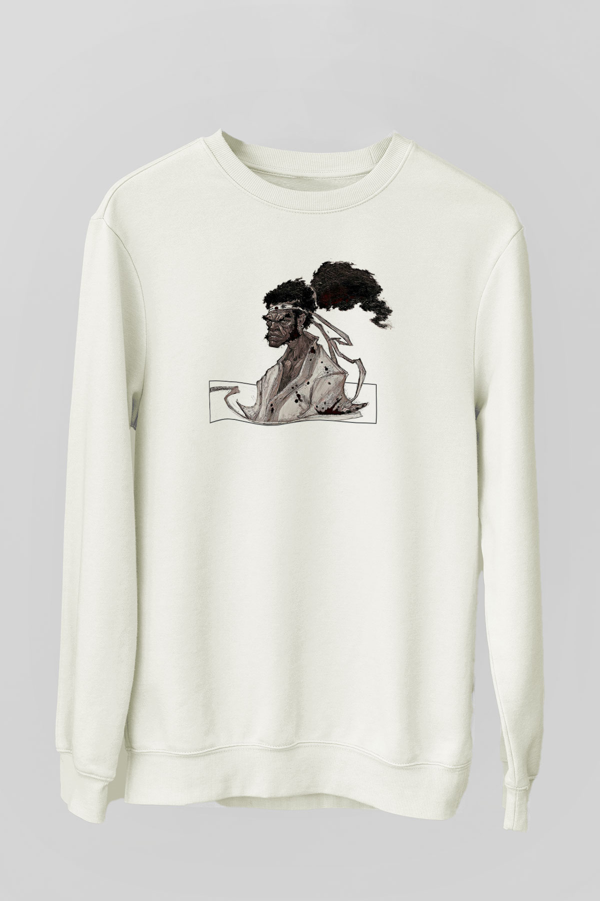 Afro Samurai Baskılı Beyaz Unisex Sweatshirt
