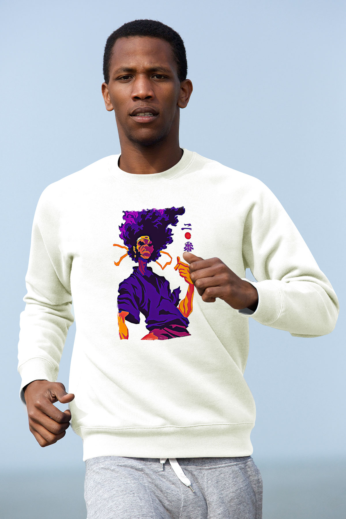Afro Samurai Baskılı Beyaz Unisex Sweatshirt
