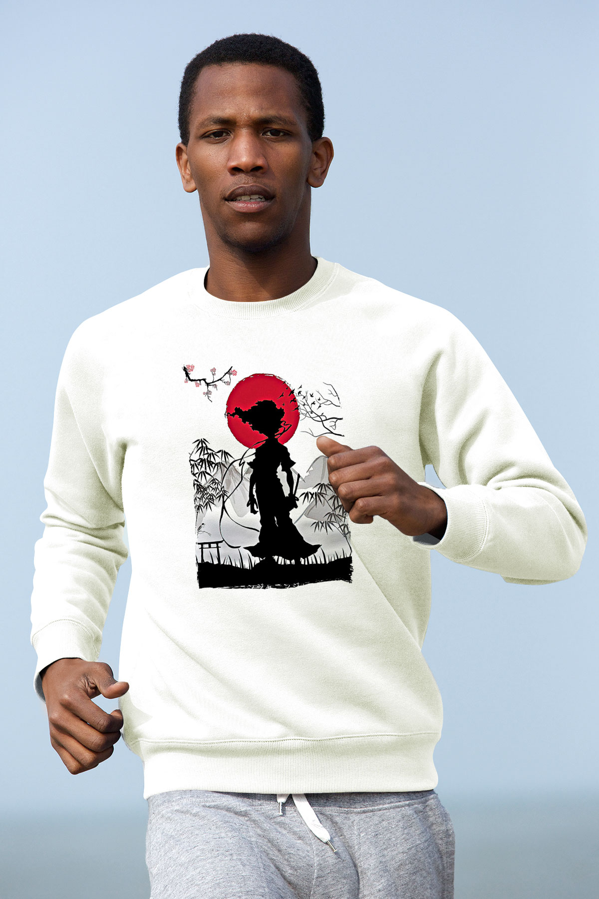 Afro Samurai Baskılı Beyaz Unisex Sweatshirt