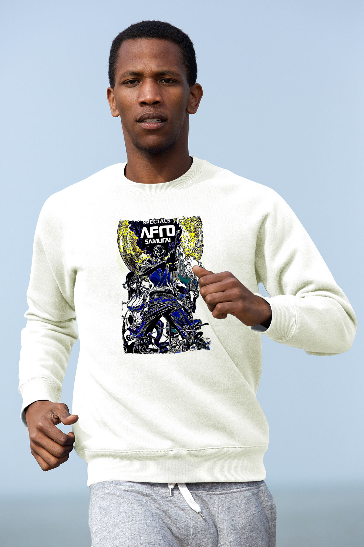 Afro Samurai Baskılı Beyaz Unisex Sweatshirt