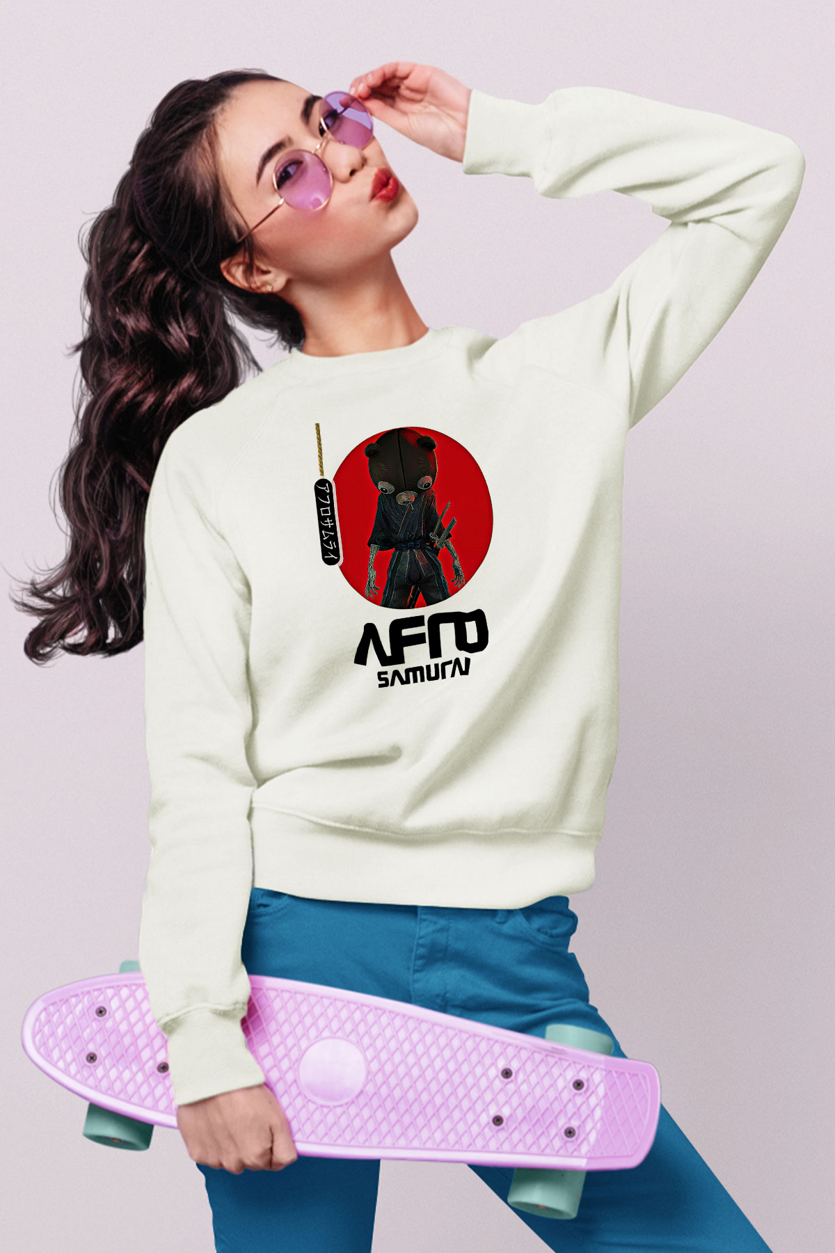 Afro Samurai Baskılı Beyaz Unisex Sweatshirt