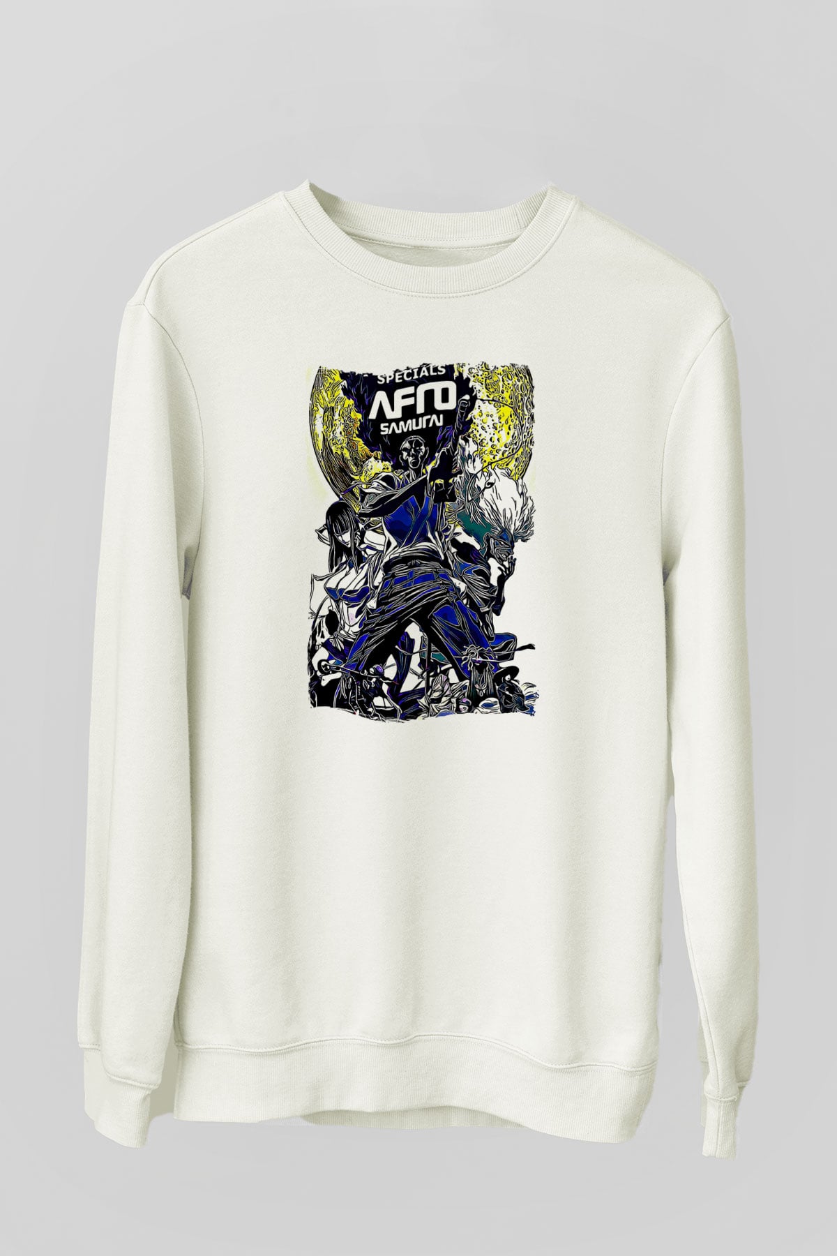 Afro Samurai Baskılı Beyaz Unisex Sweatshirt