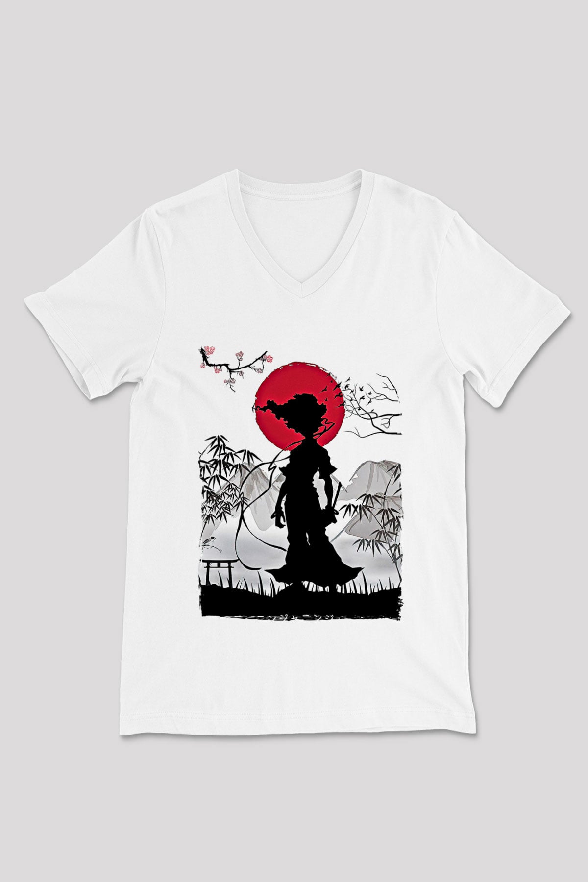 Afro Samurai Baskılı Beyaz Unisex V Yaka Tişört - Tshirt