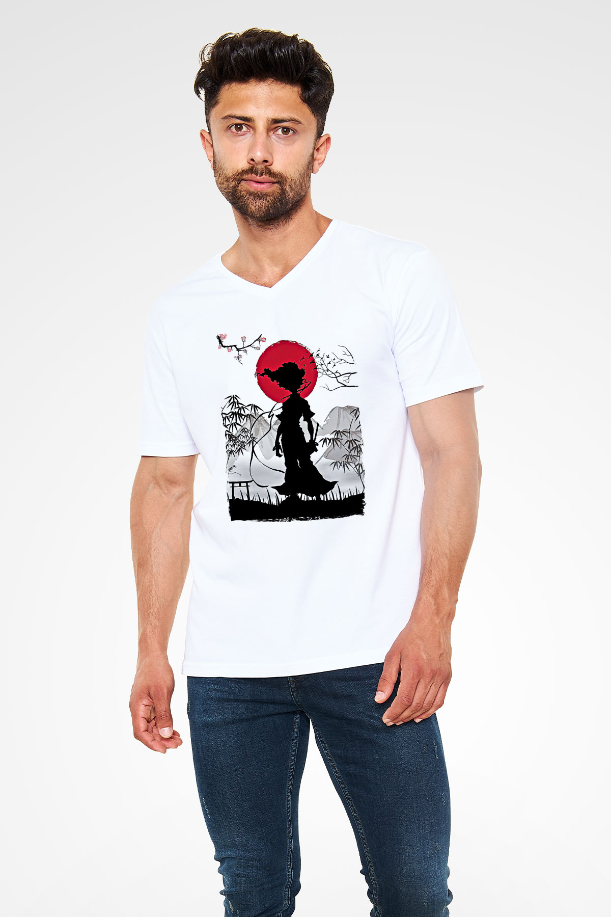 Afro Samurai Baskılı Beyaz Unisex V Yaka Tişört - Tshirt