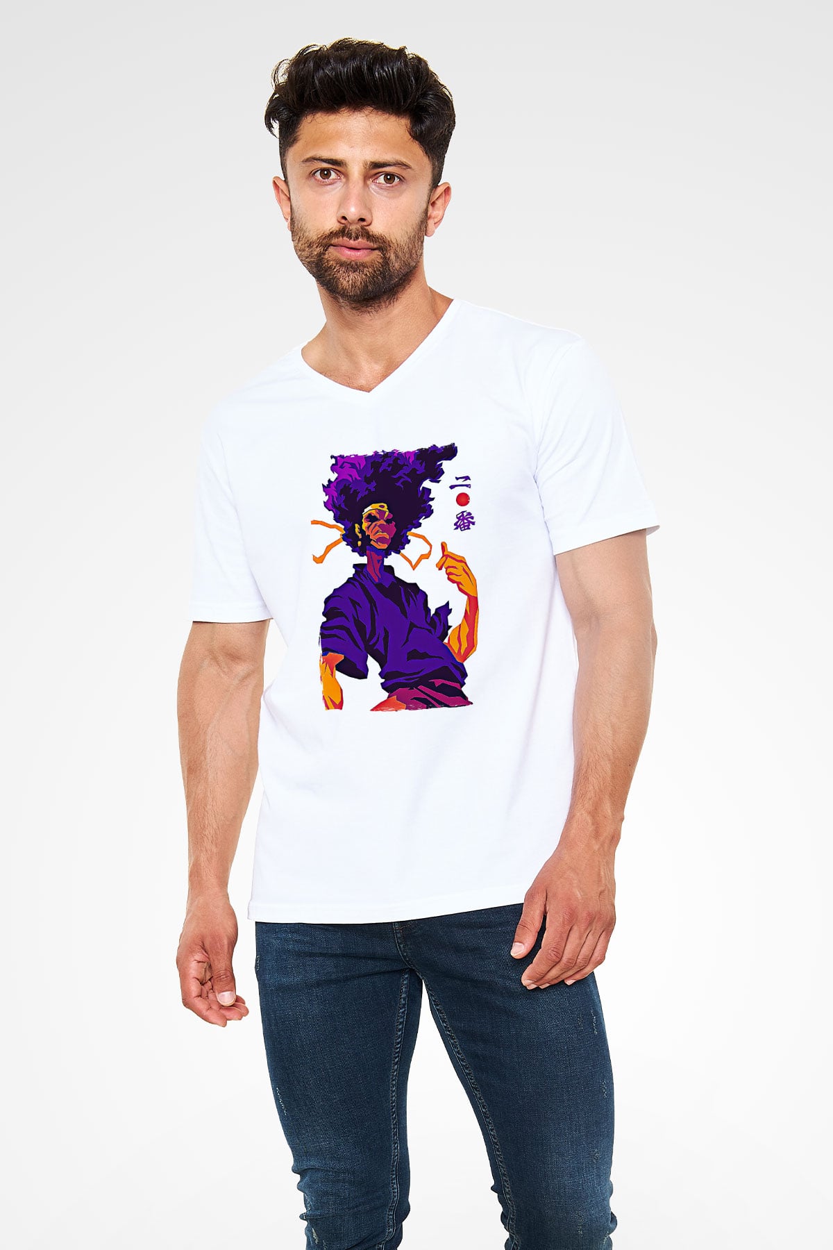 Afro Samurai Baskılı Beyaz Unisex V Yaka Tişört - Tshirt
