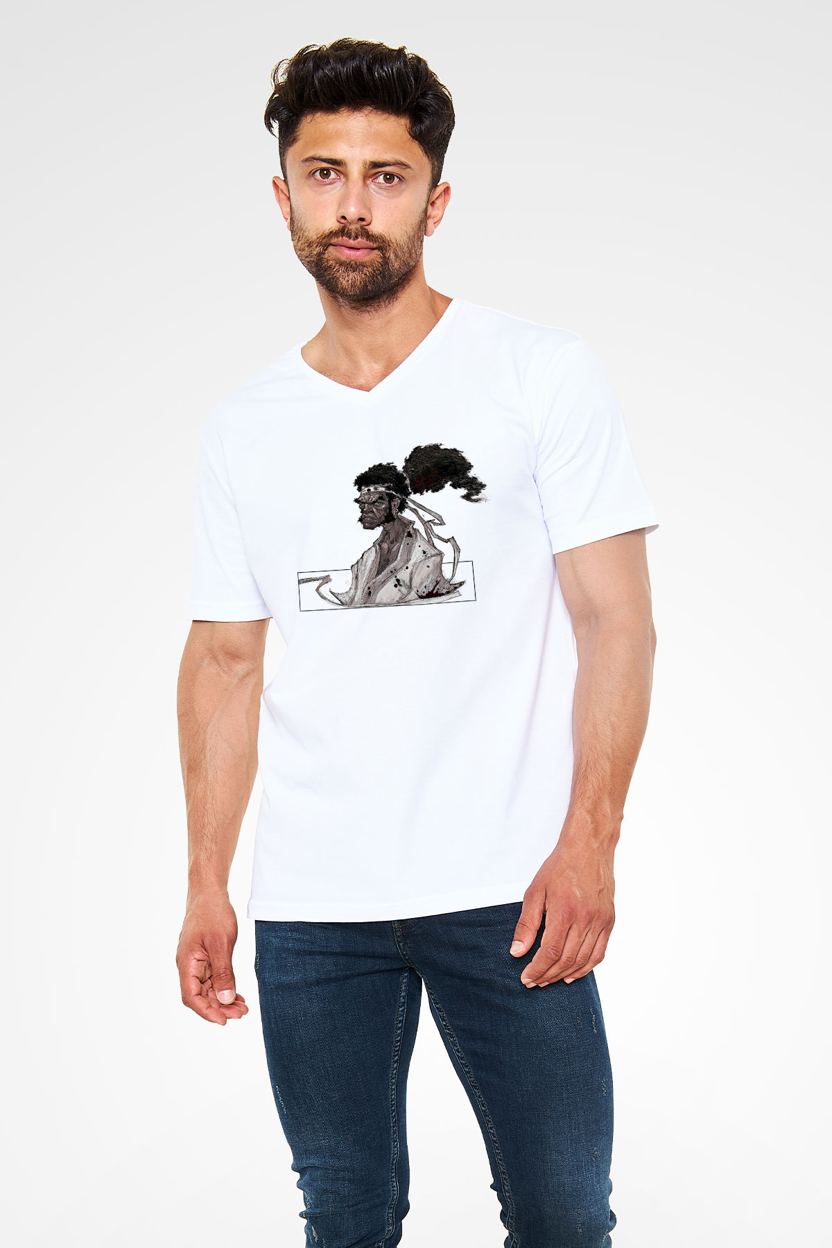 Afro Samurai Baskılı Beyaz Unisex V Yaka Tişört - Tshirt