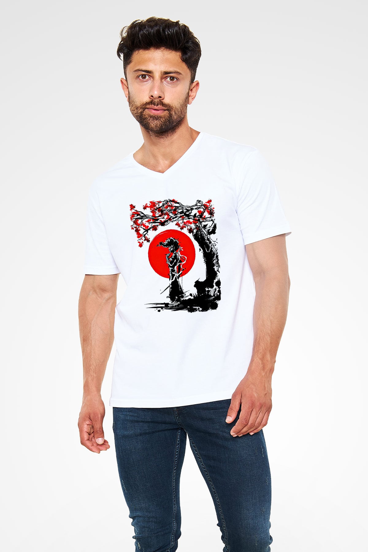 Afro Samurai Baskılı Beyaz Unisex V Yaka Tişört - Tshirt