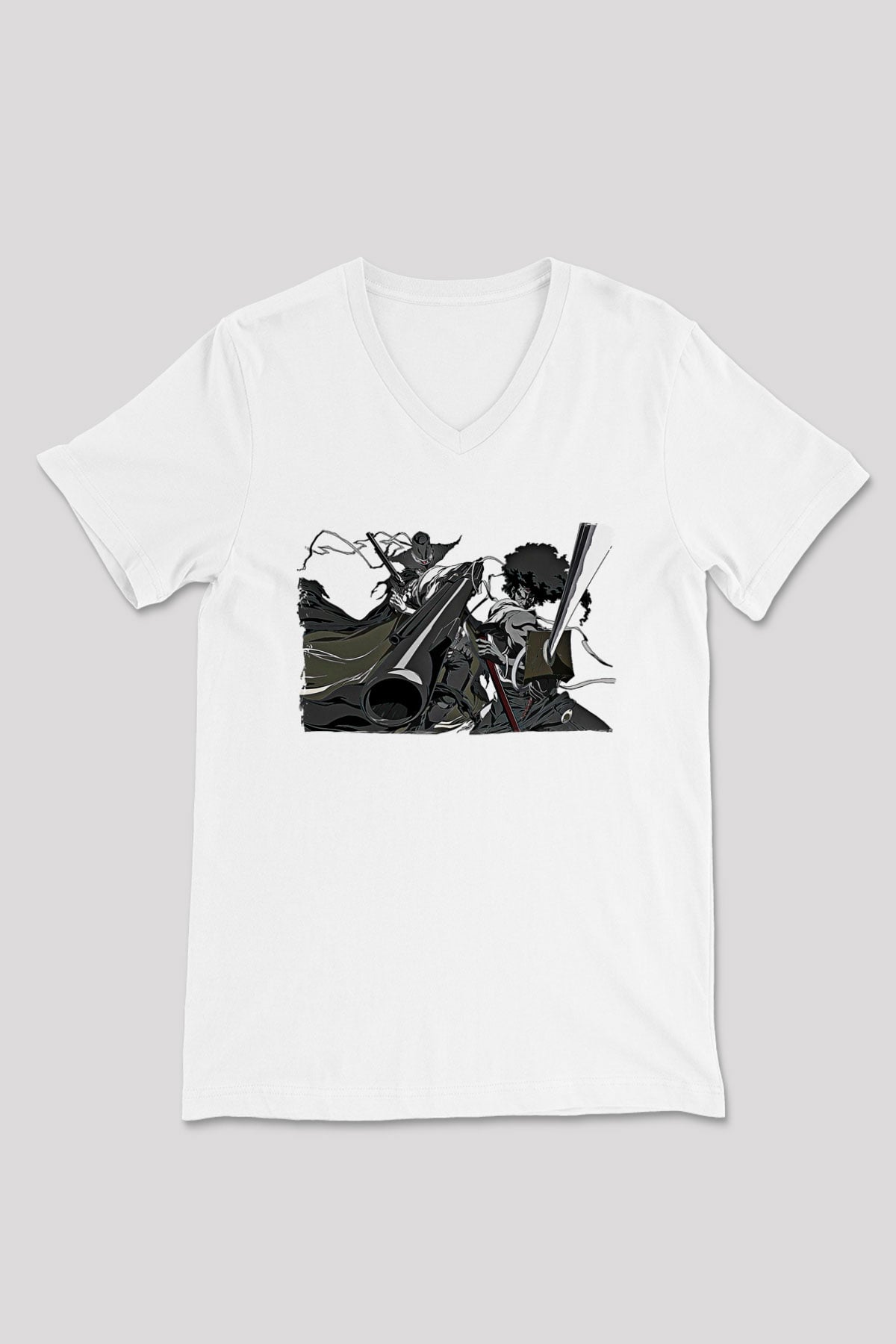 Afro Samurai Baskılı Beyaz Unisex V Yaka Tişört - Tshirt