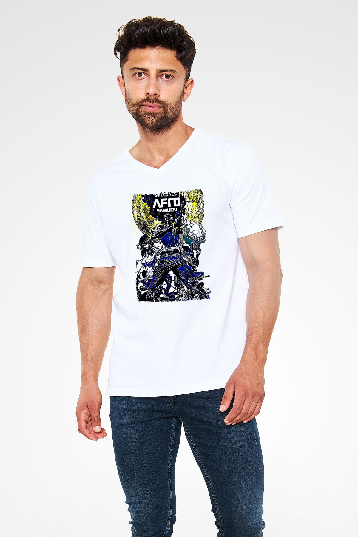 Afro Samurai Baskılı Beyaz Unisex V Yaka Tişört - Tshirt