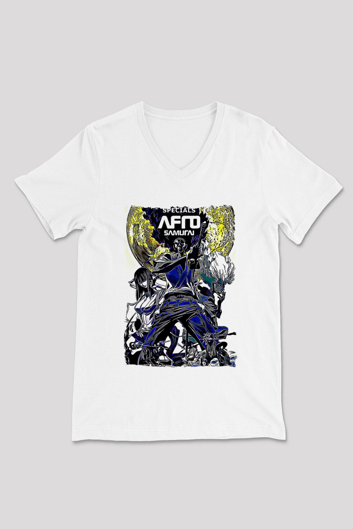 Afro Samurai Baskılı Beyaz Unisex V Yaka Tişört - Tshirt