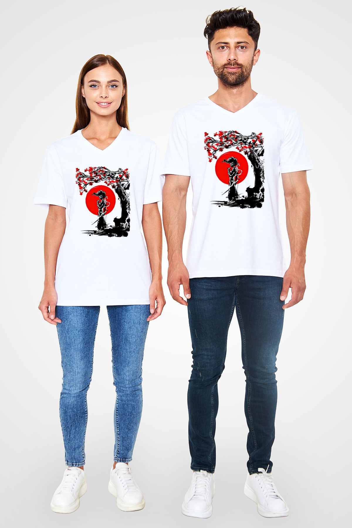 Afro Samurai Baskılı Beyaz Unisex V Yaka Tişört - Tshirt