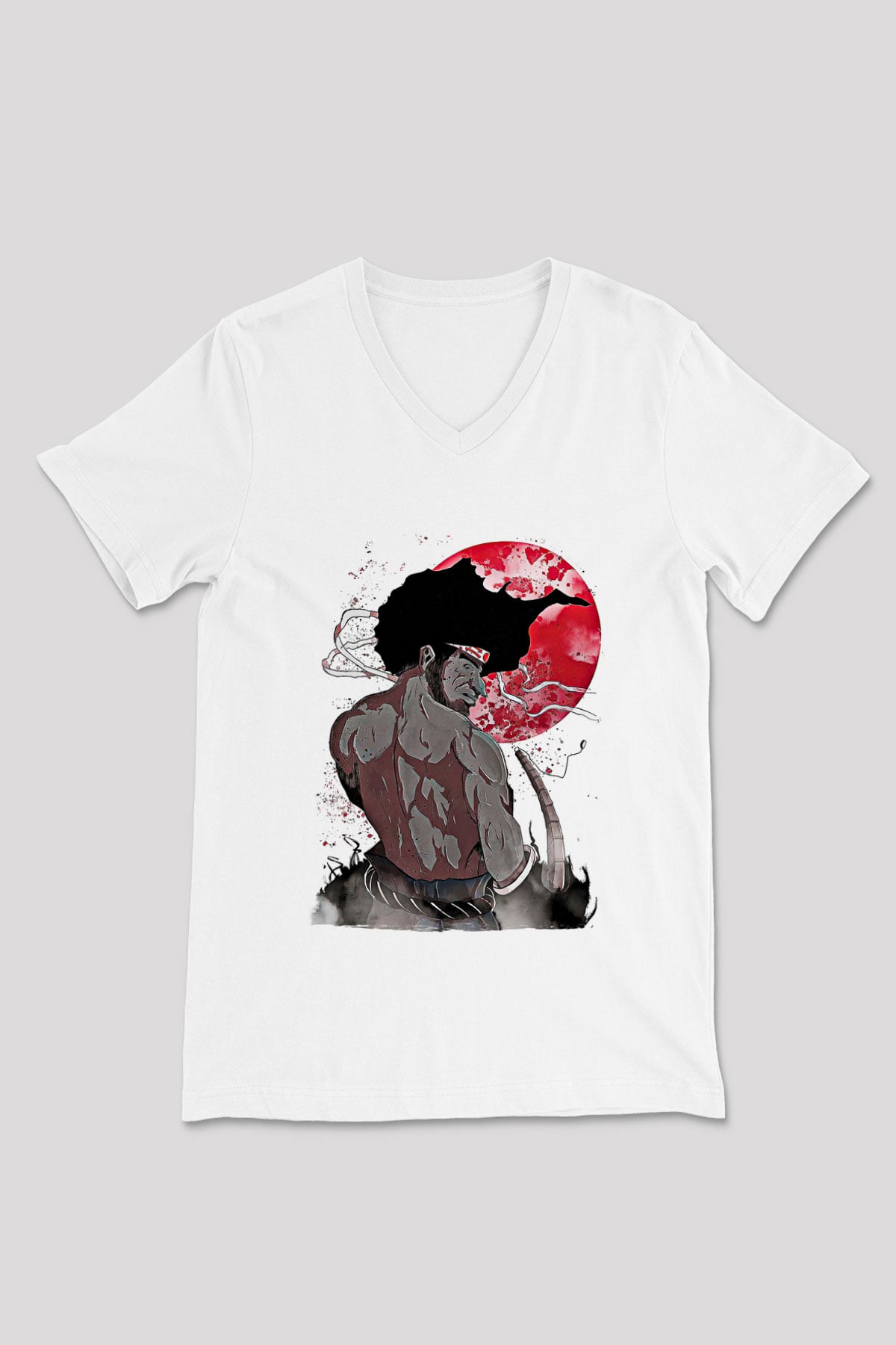 Afro Samurai Baskılı Beyaz Unisex V Yaka Tişört - Tshirt