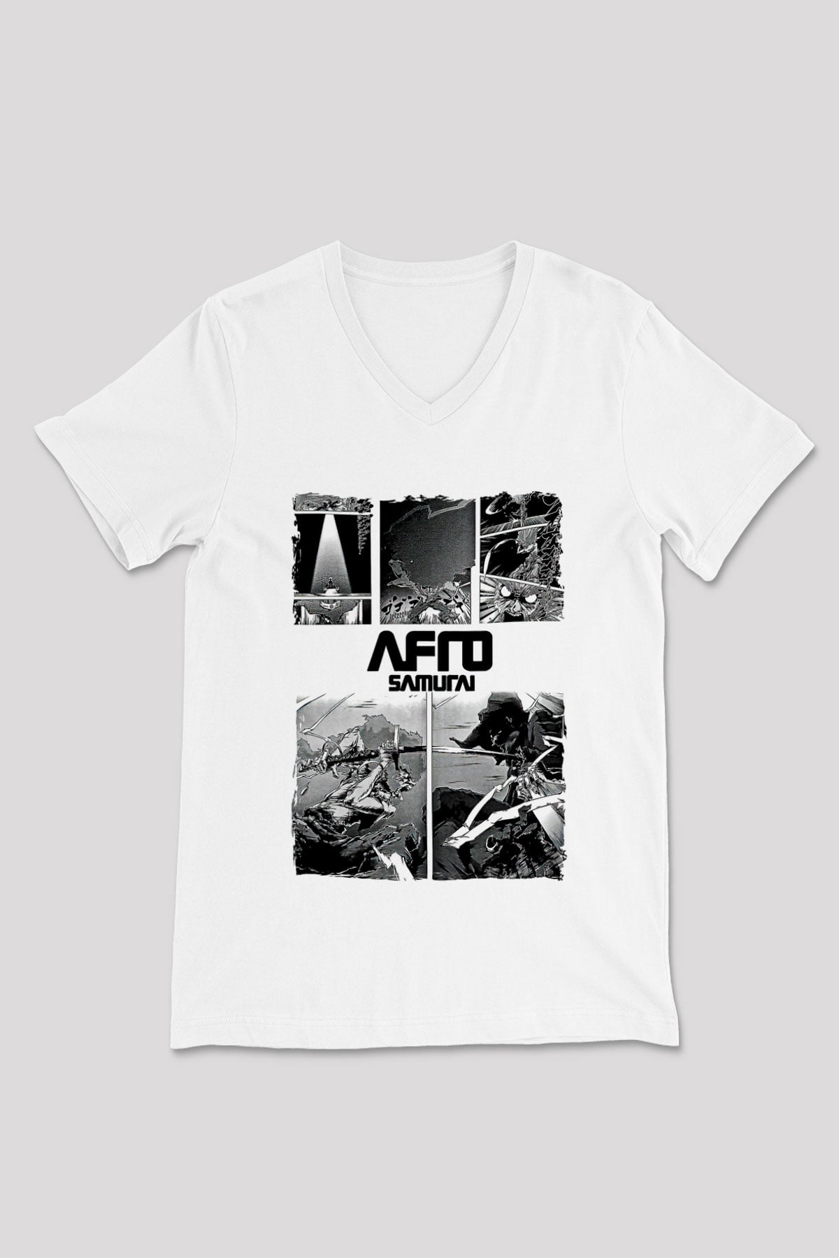 Afro Samurai Baskılı Beyaz Unisex V Yaka Tişört - Tshirt