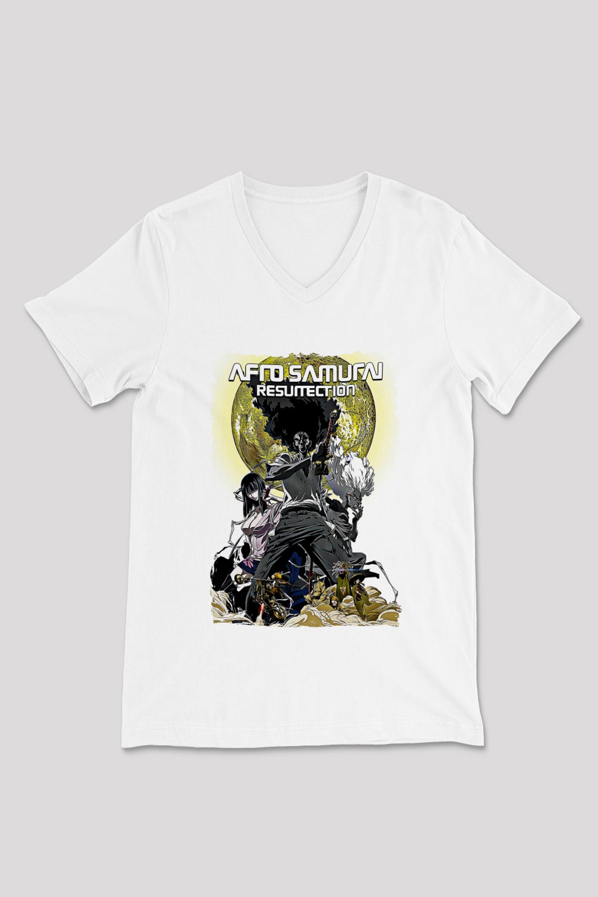 Afro Samurai Baskılı Beyaz Unisex V Yaka Tişört - Tshirt