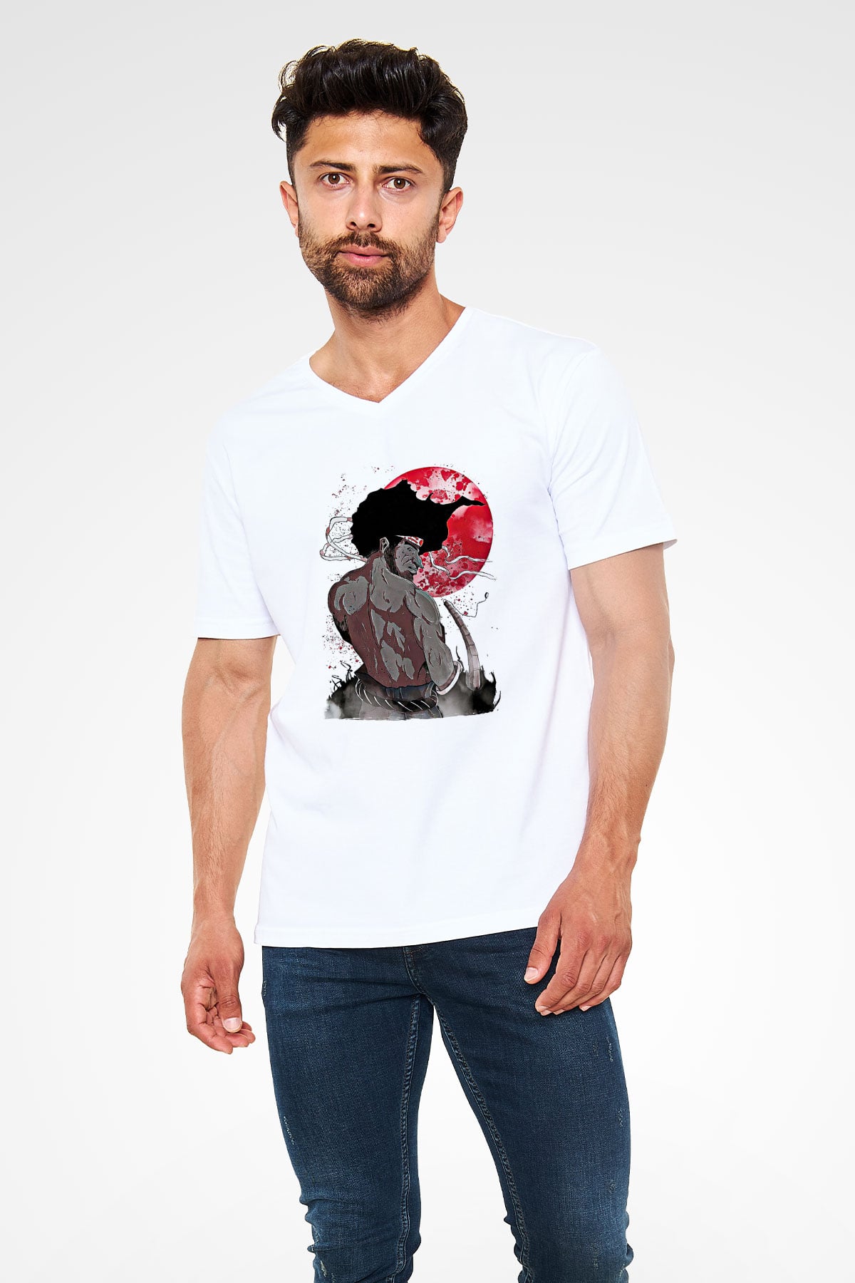 Afro Samurai Baskılı Beyaz Unisex V Yaka Tişört - Tshirt