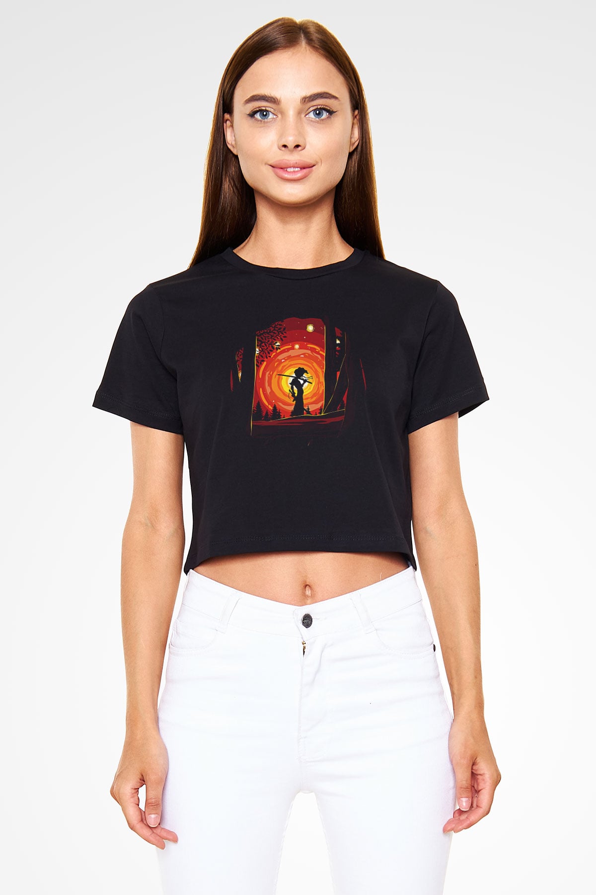 Afro Samurai Baskılı Siyah Crop Top Kadın Tişört - Tshirt